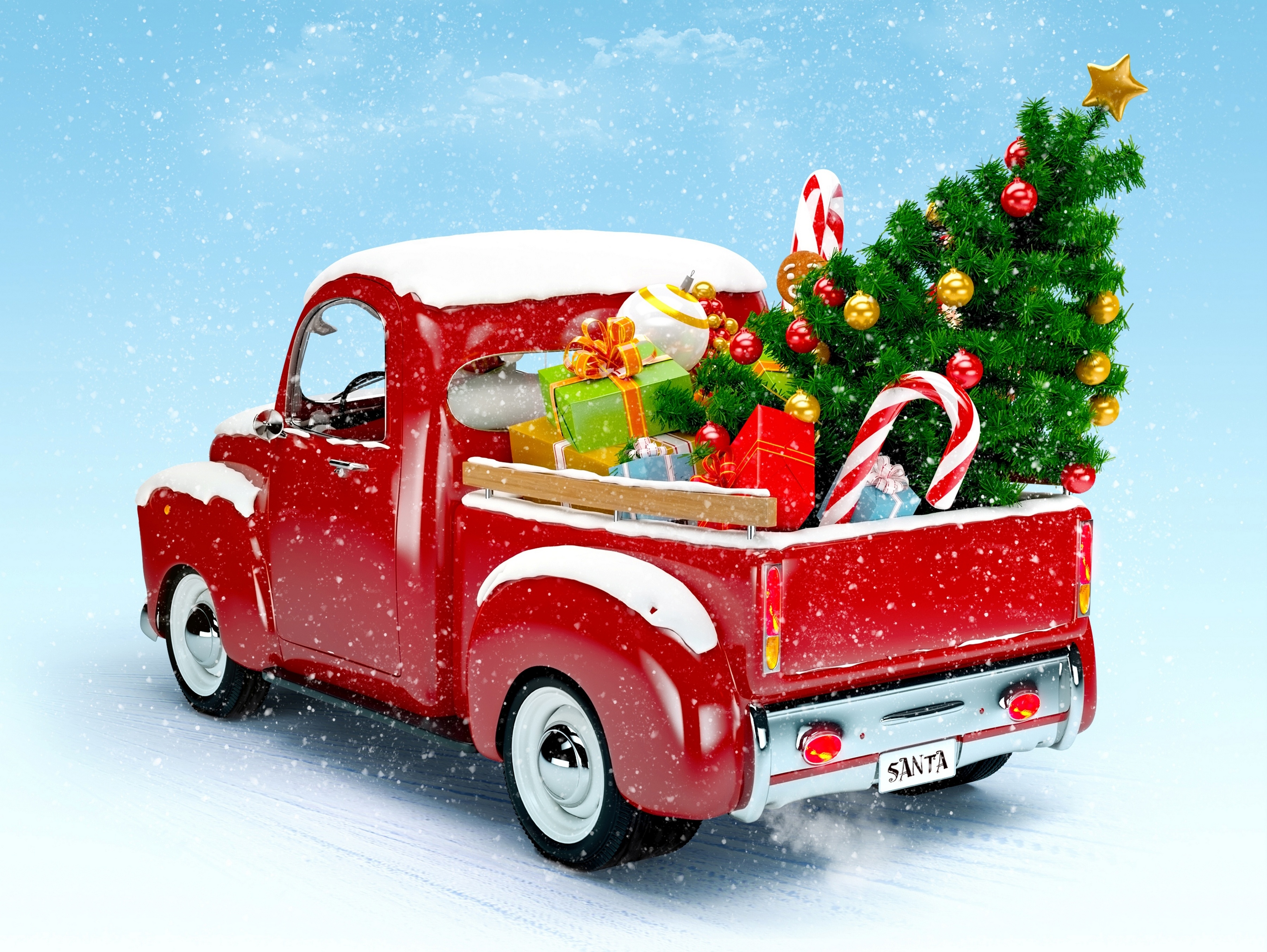 964349 Hintergrundbild herunterladen feiertage, weihnachten, weihnachtsbaum, lieferwagen - Bildschirmschoner und Bilder kostenlos