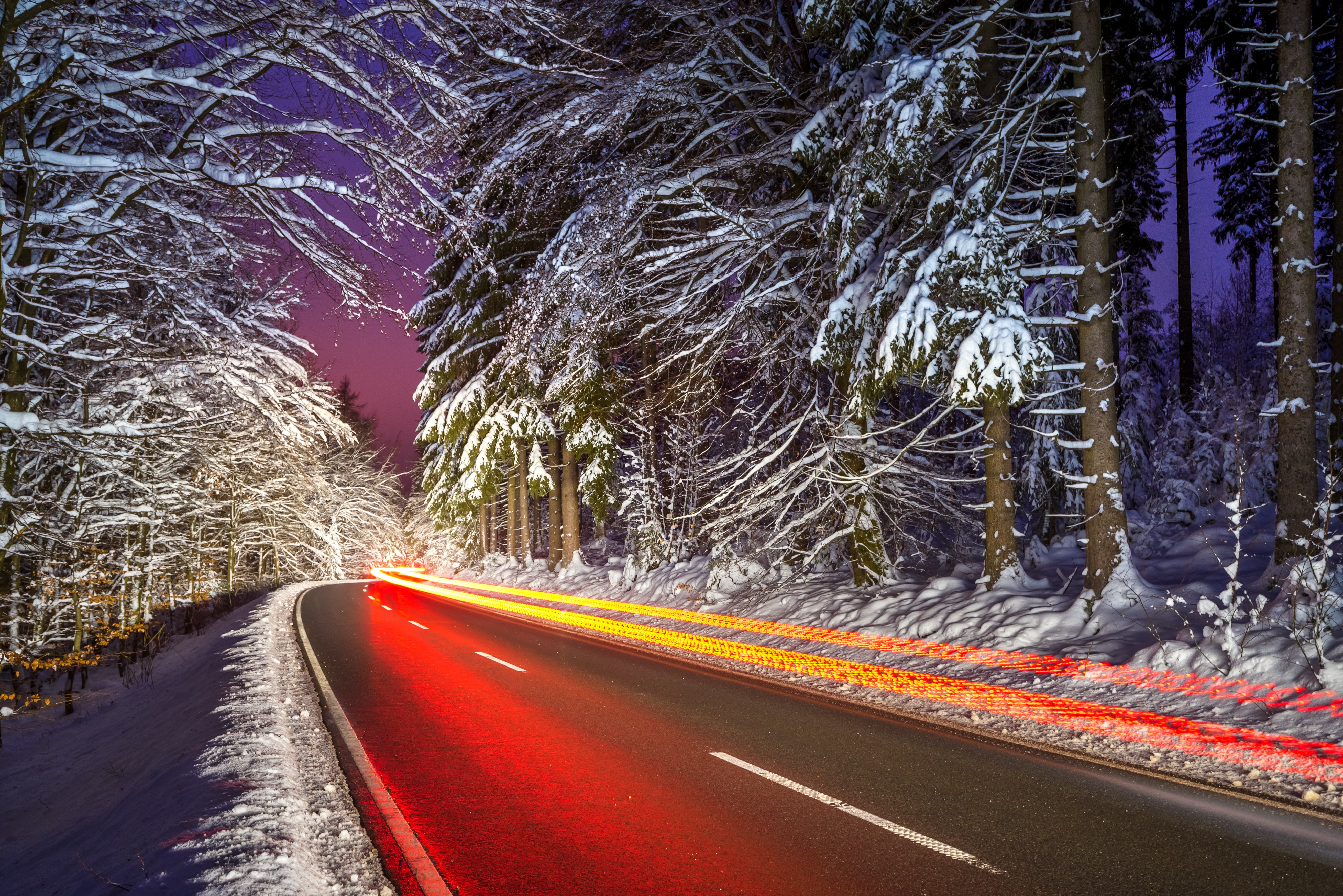 Download mobile wallpaper Snow, Long Exposure, Road, Nature, Winter, Light, Night, Shine for free.