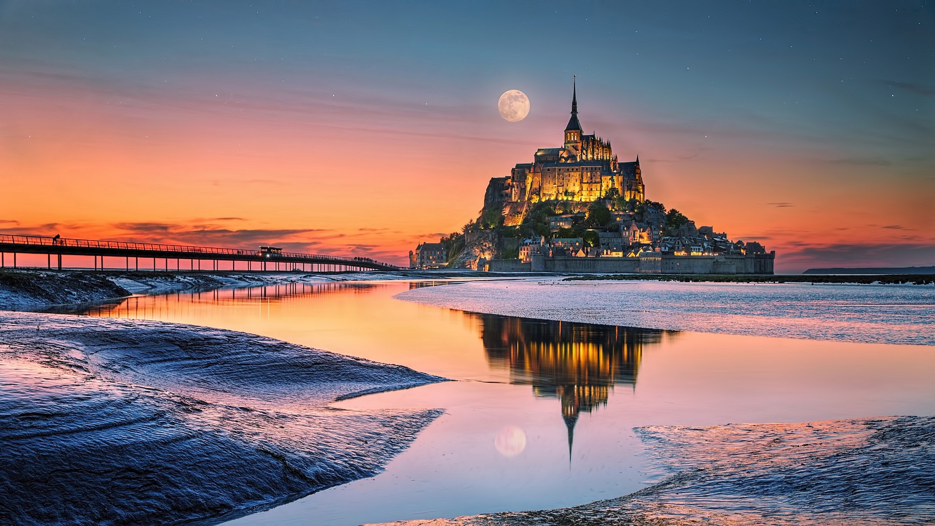 Laden Sie das Frankreich, Spiegelung, Religiös, Le Mont Saint Michel-Bild kostenlos auf Ihren PC-Desktop herunter