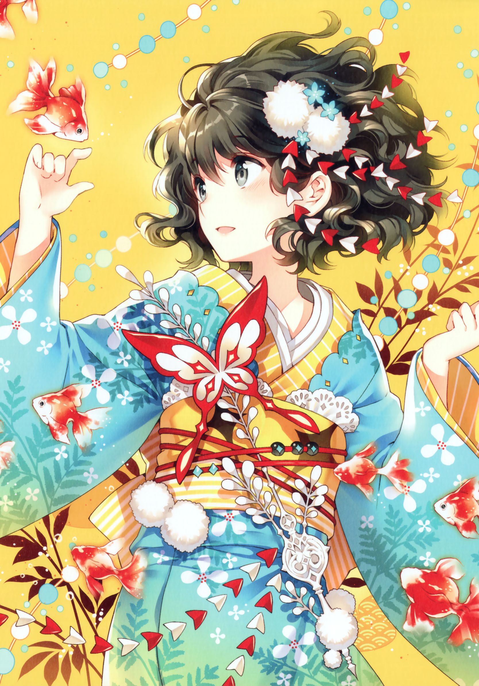 Download mobile wallpaper Anime, Butterfly, Kimono, Original, Goldfish, Blush, Black Hair, Short Hair, Yukata for free.
