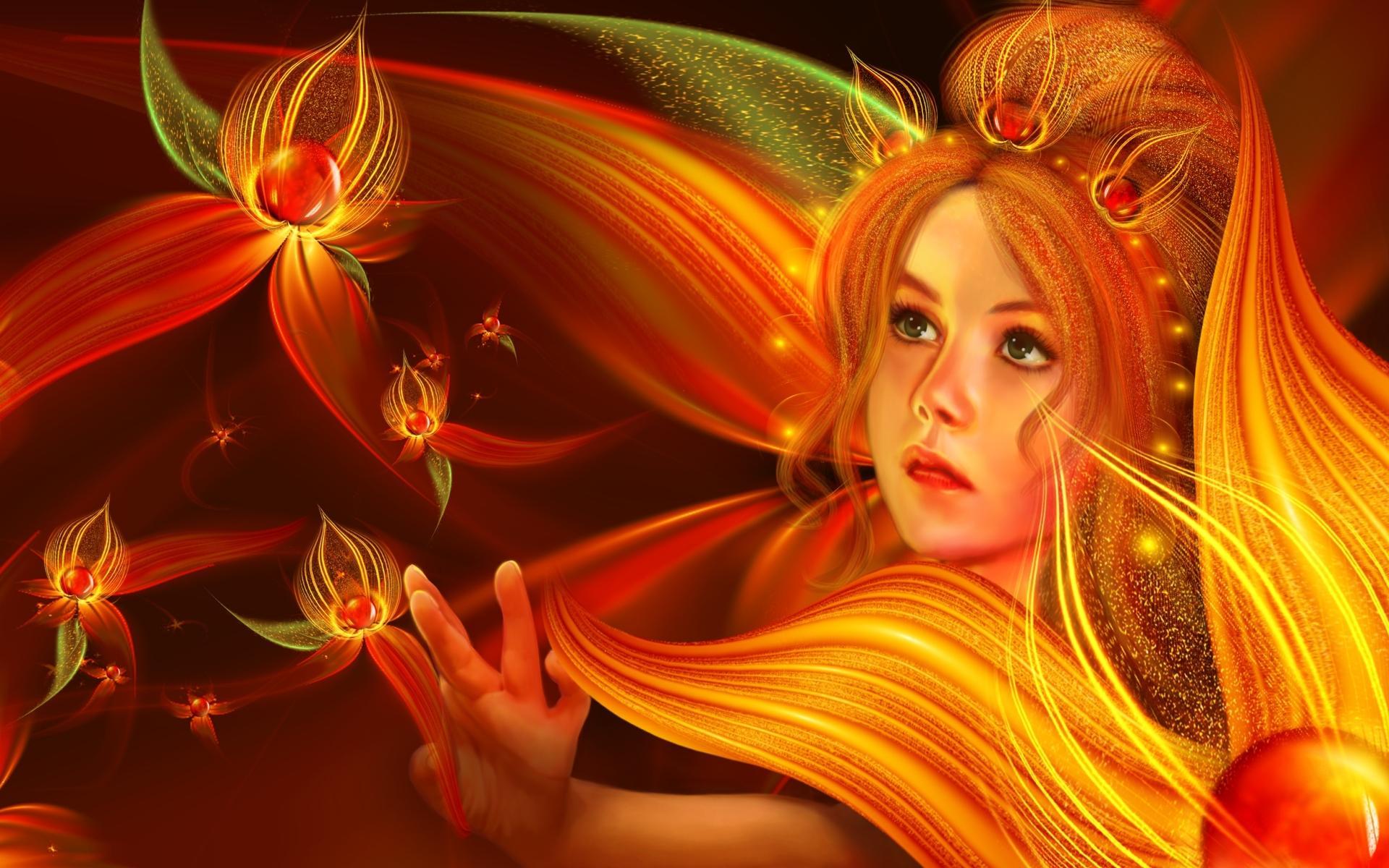 Free download wallpaper Fantasy, Flower, Golden, Women, Orange (Color) on your PC desktop