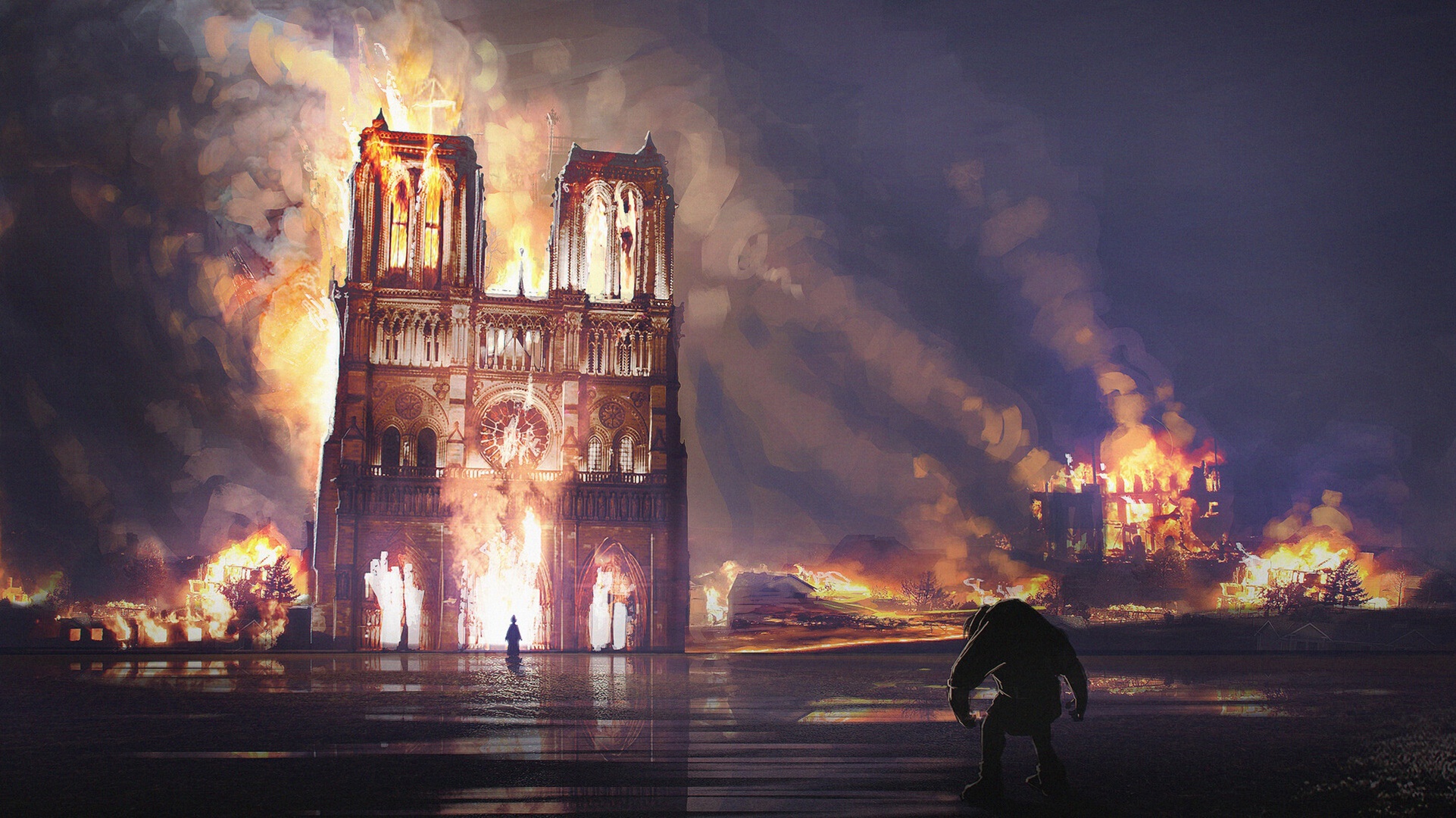 Descarga gratuita de fondo de pantalla para móvil de Fuego, Noche, París, Francia, Artístico, Religioso, Catedral De Nuestra Señora De París.