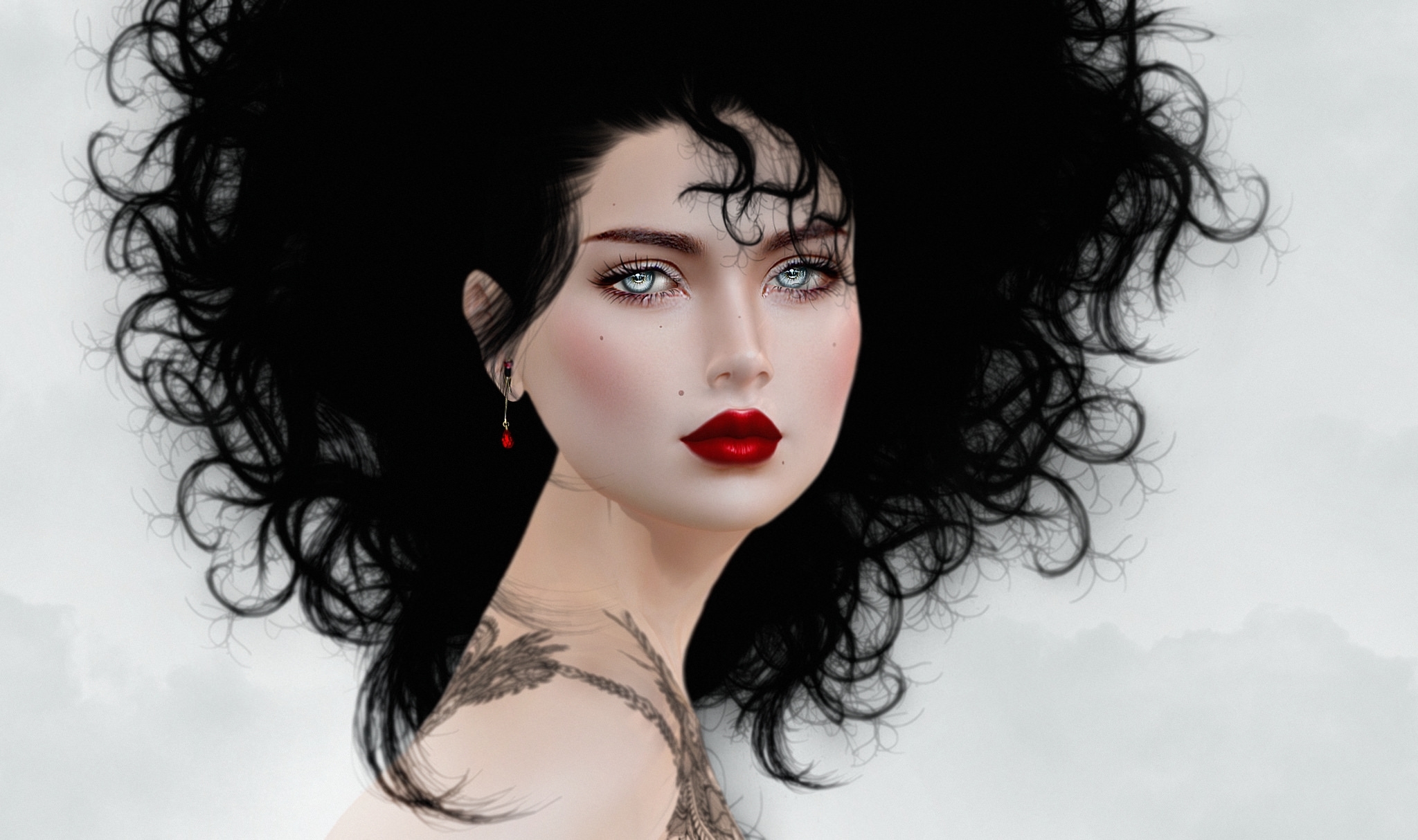 Download mobile wallpaper Fantasy, Tattoo, Blue Eyes, Black Hair, Lipstick for free.