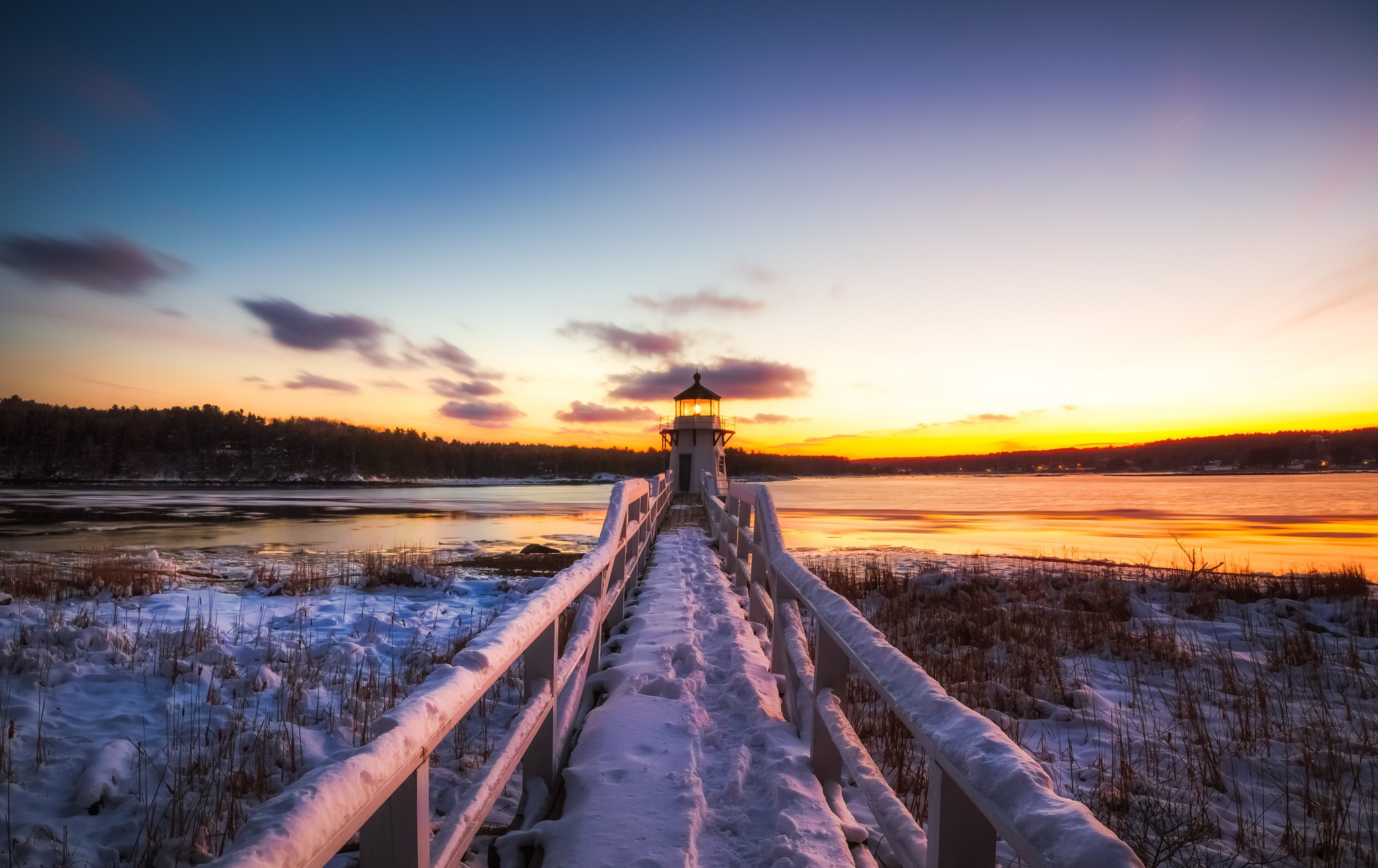 Free download wallpaper Winter, Sunset, Path, Lighthouse, Man Made on your PC desktop