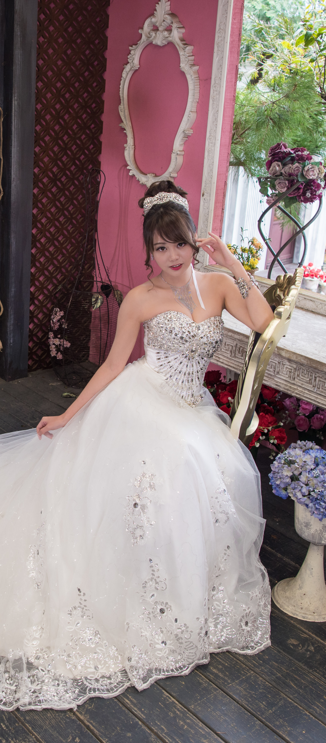 Download mobile wallpaper Brunette, Bride, Women, Asian, Wedding Dress, White Dress for free.