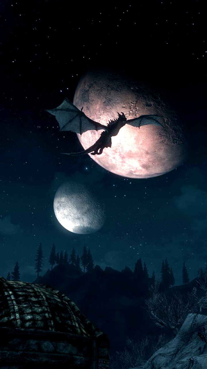Скачати мобільні шпалери Місяць, Дракон, Відеогра, Skyrim, The Elder Scrolls V: Skyrim, The Elder Scrolls безкоштовно.