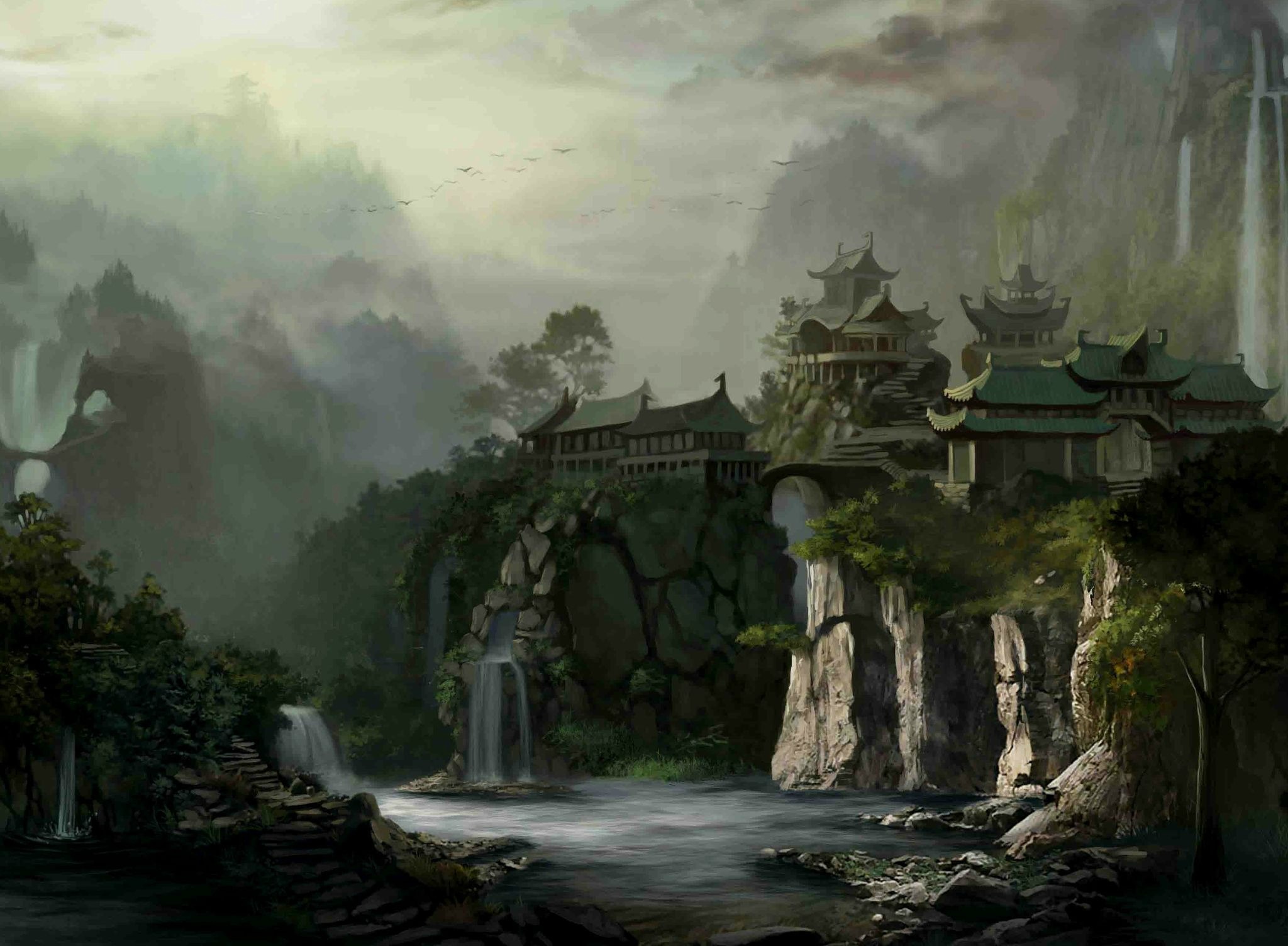 Download mobile wallpaper Oriental, Lake, Waterfall, Tree, Artistic for free.