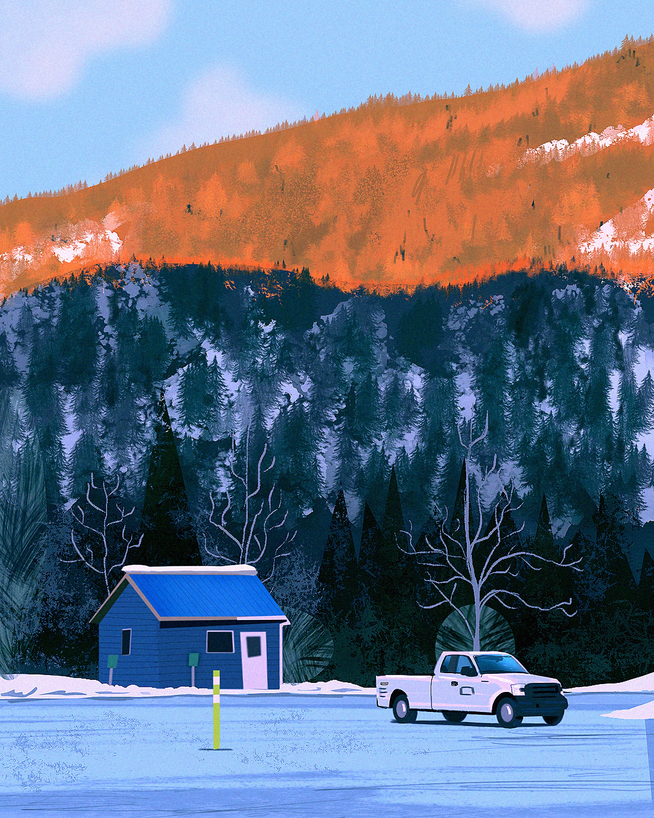 Laden Sie das Hügel, Hill, Auto, Haus, Maschine, Wald, Schnee, Kunst-Bild kostenlos auf Ihren PC-Desktop herunter