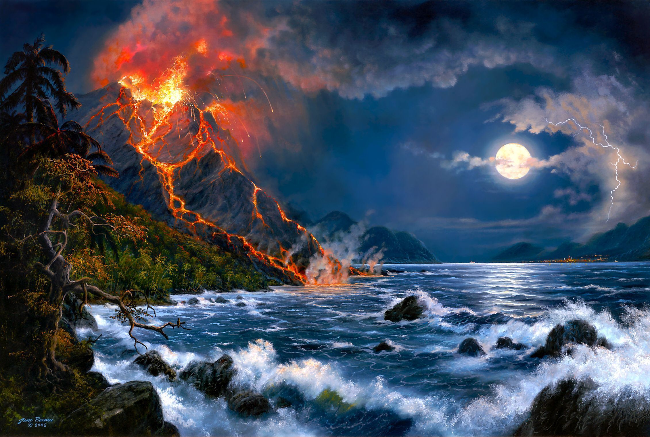 252646 скачать обои молния, вулкан, океан, луна, художественные, художественный, облака, извержение, ночь, небо, волна - заставки и картинки бесплатно