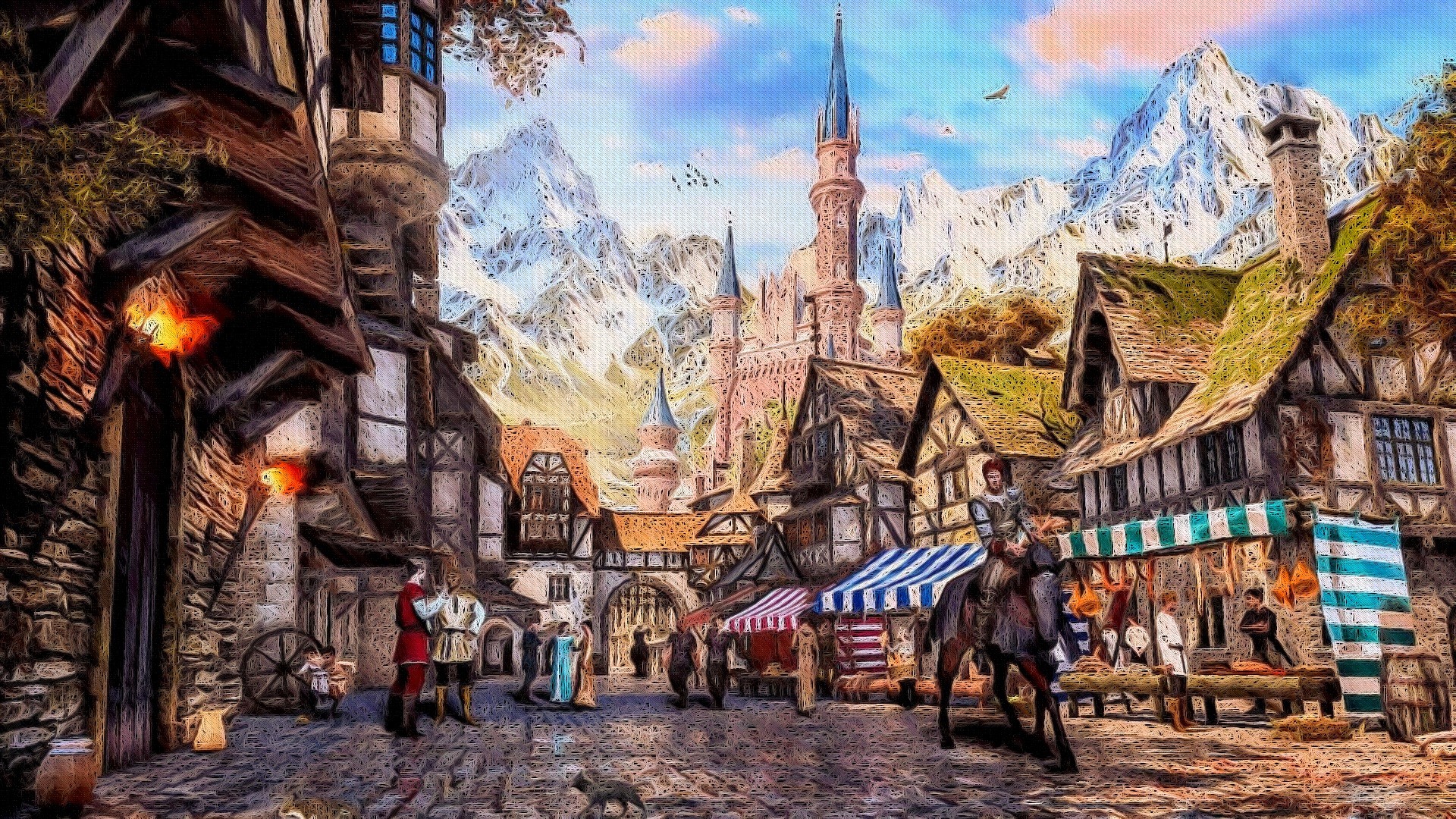 artistic, painting, awning, house, market, mountain, town