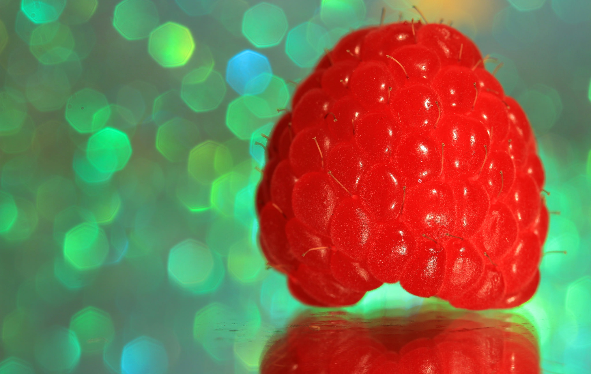 Download mobile wallpaper Fruits, Food, Raspberry, Reflection, Berry, Fruit, Bokeh for free.