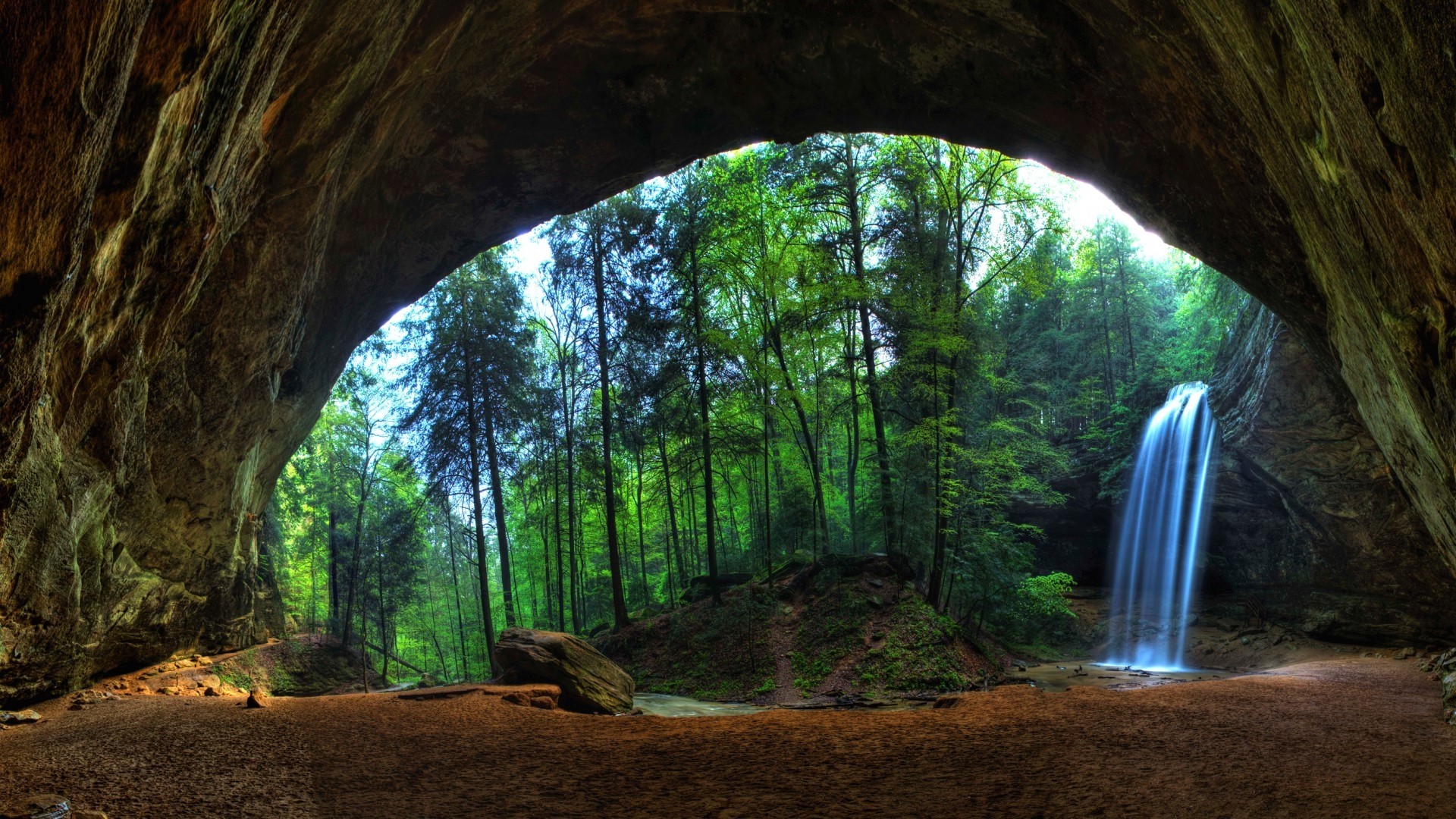 Download mobile wallpaper Waterfall, Forest, Earth, Cave for free.