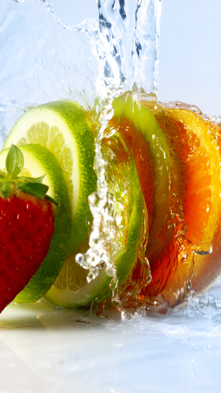 Download mobile wallpaper Fruits, Water, Food, Strawberry, Lime, Fruit, Orange (Fruit) for free.