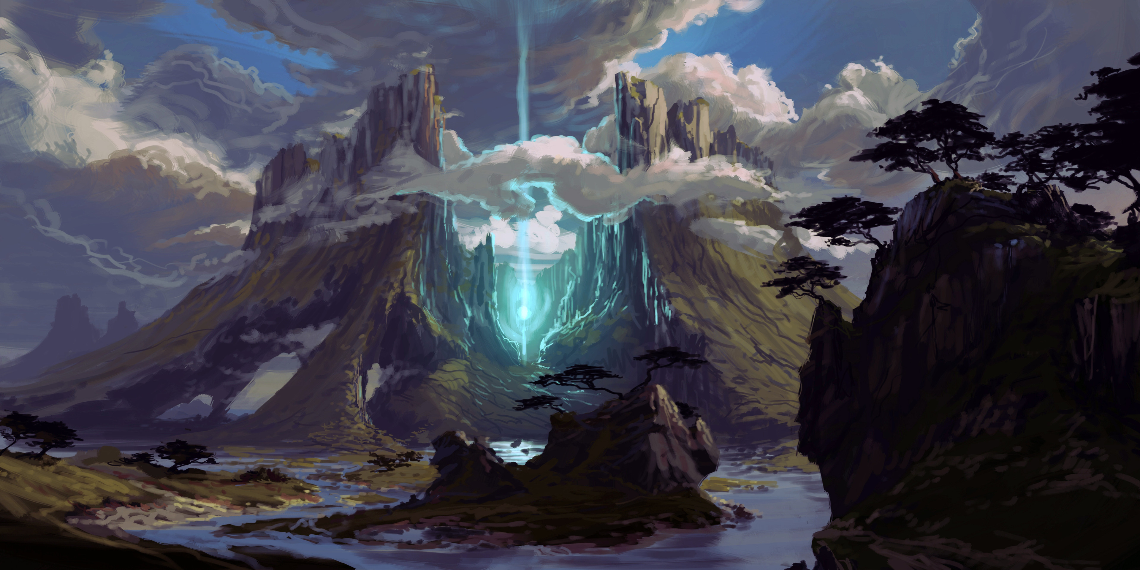 Free download wallpaper Landscape, Magic, Fantasy, Mountain, Tree, Cloud, River on your PC desktop