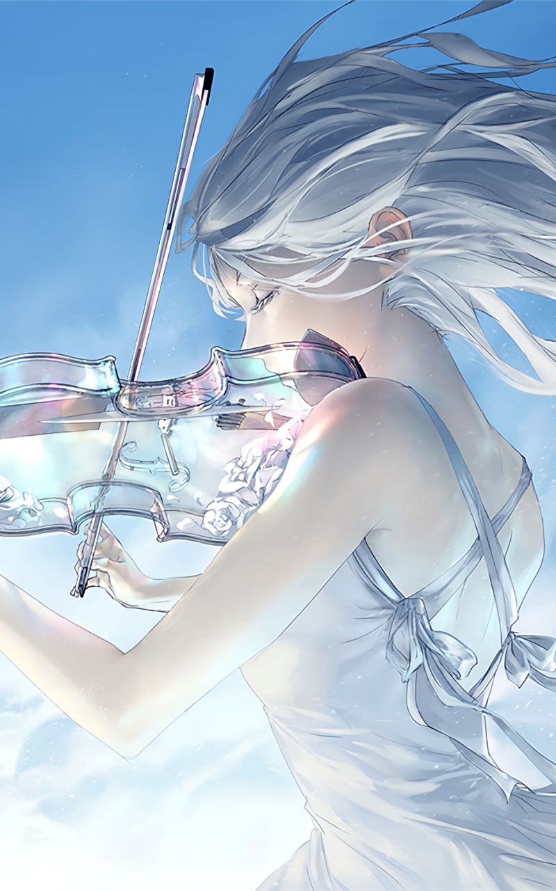 Download mobile wallpaper Anime, Violin, Original, White Hair, Violinist for free.