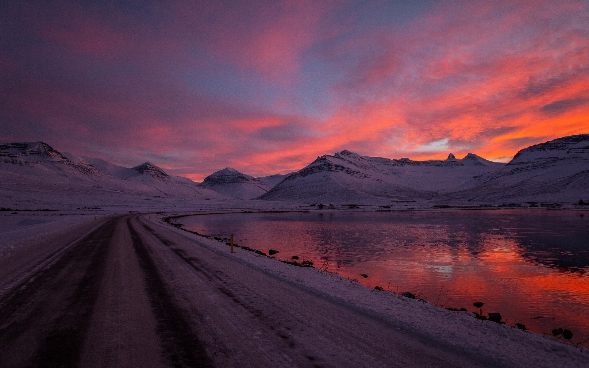 Download mobile wallpaper Winter, Sunset, Pink, Snow, Mountain, Lake, Road, Earth for free.