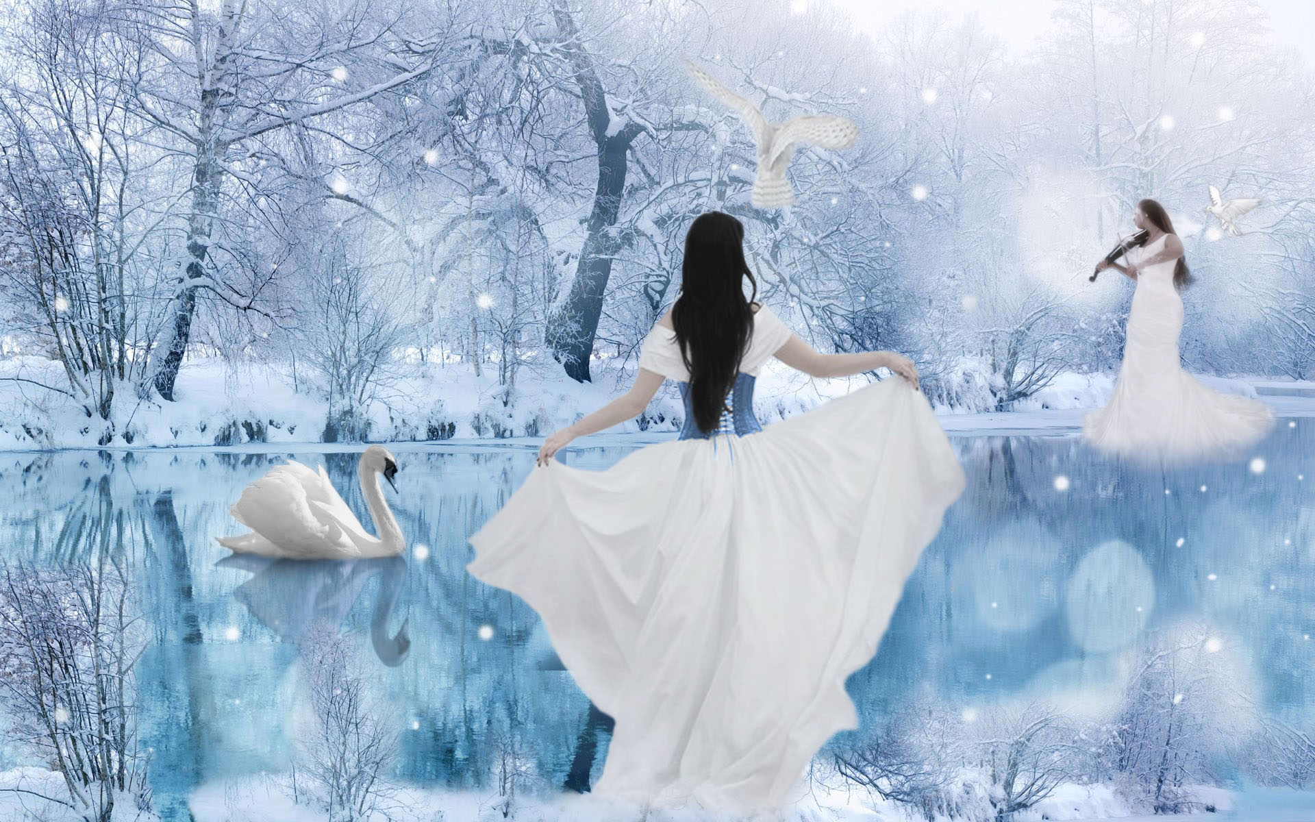 Download mobile wallpaper Winter, Fantasy, Lake, Tree, Swan, Frozen, Women, Violin for free.