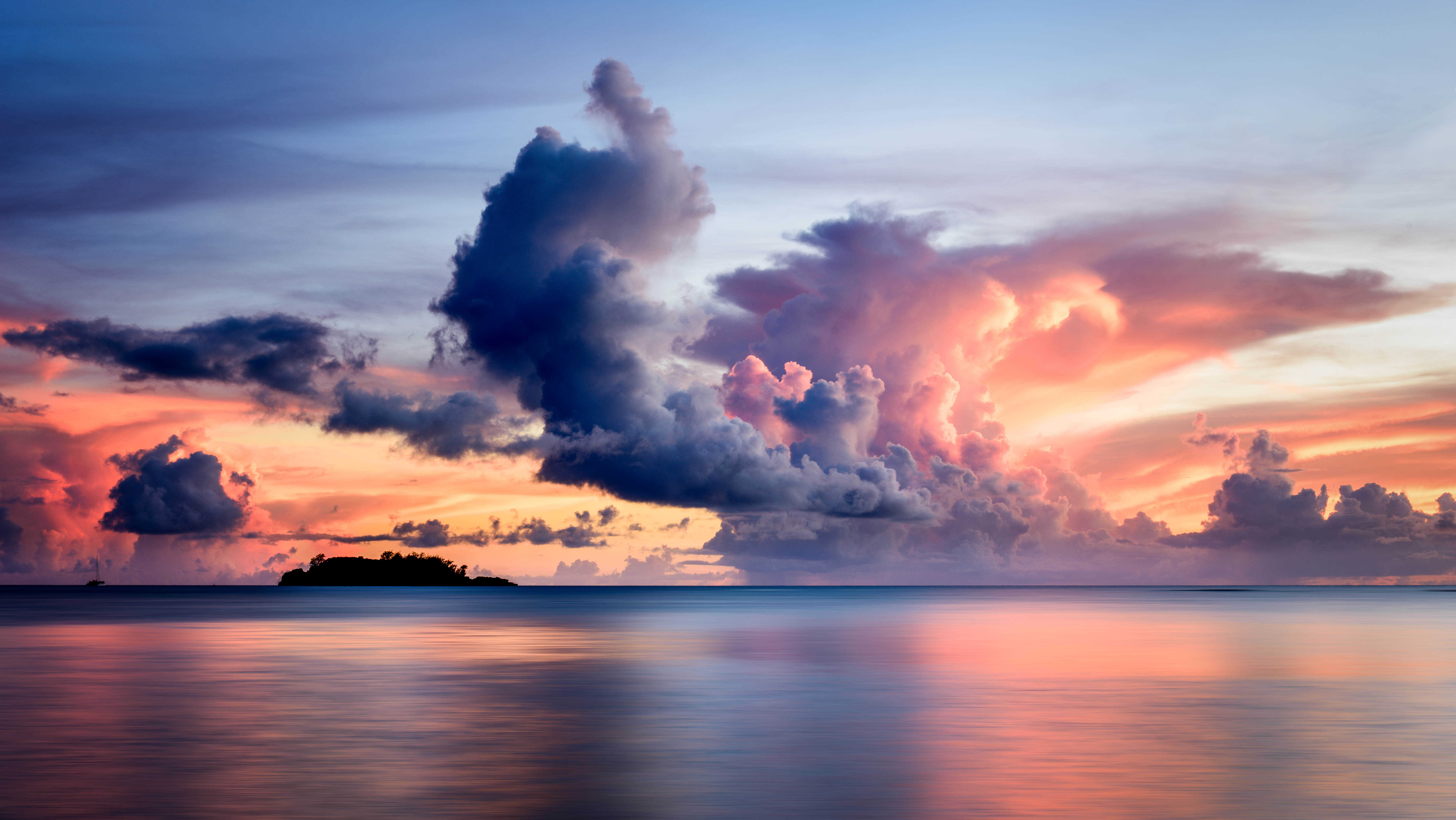 152643 скачать картинку закат, небо, горизонт, море, остров, природа, облака - обои и заставки бесплатно
