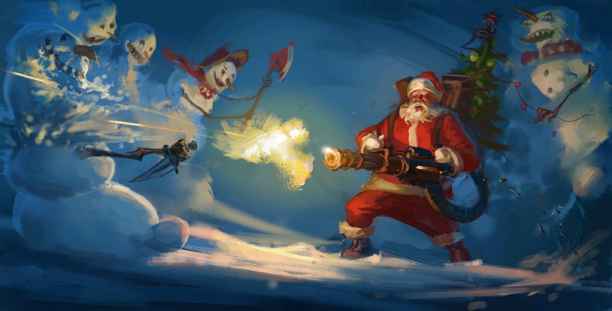 Download mobile wallpaper Snowman, Christmas, Holiday, Santa, Machine Gun for free.