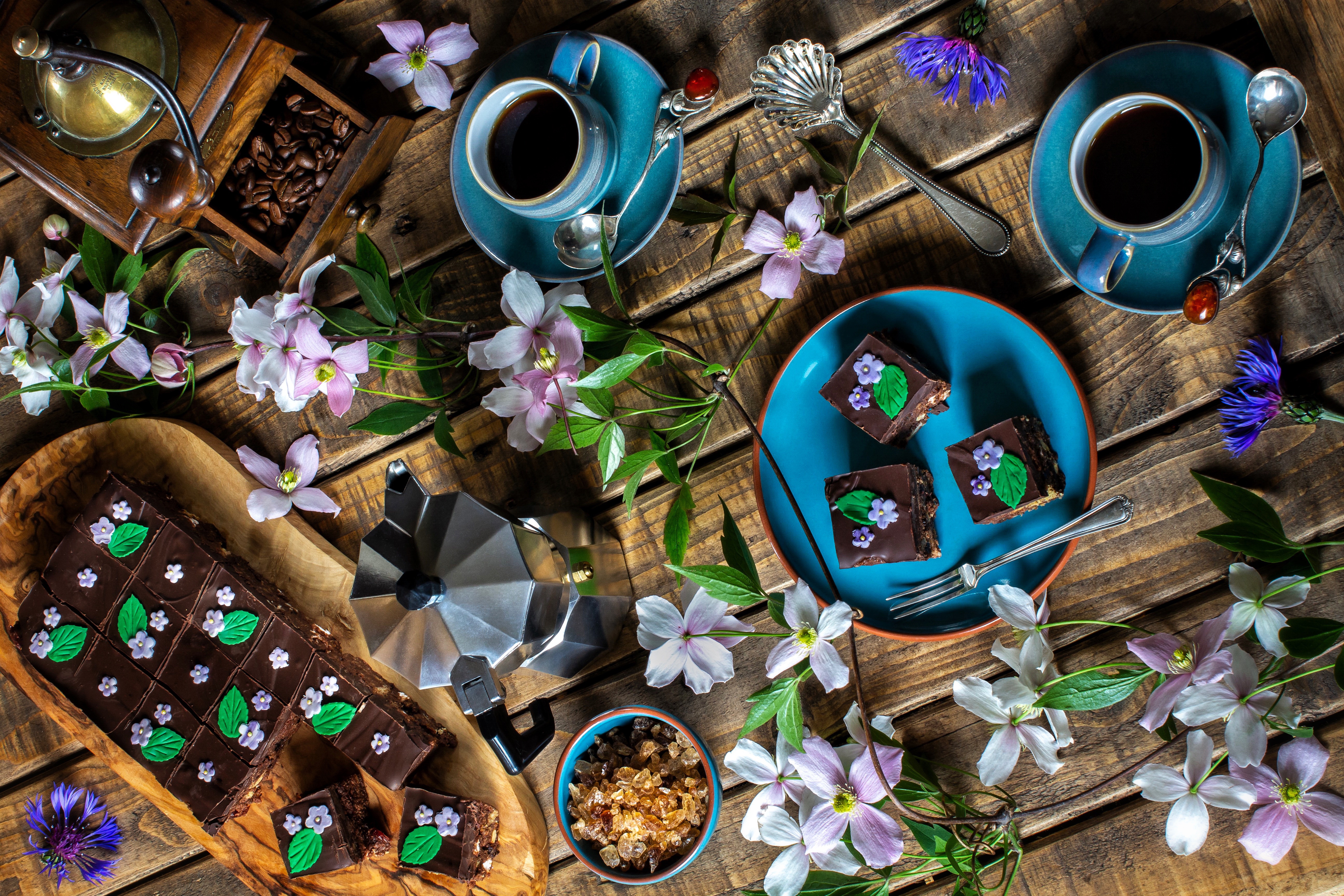 photography, still life, brownie, coffee, cup, flower