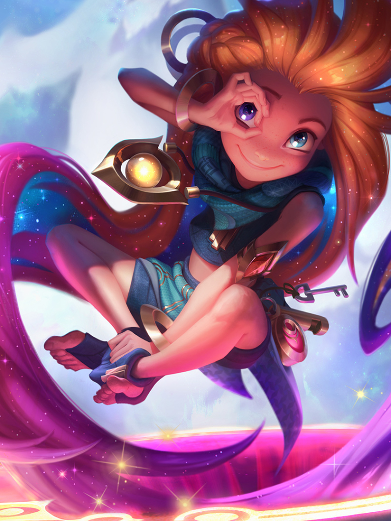 video game, league of legends, pink hair, orange hair, long hair, heterochromia, zoe (league of legends)