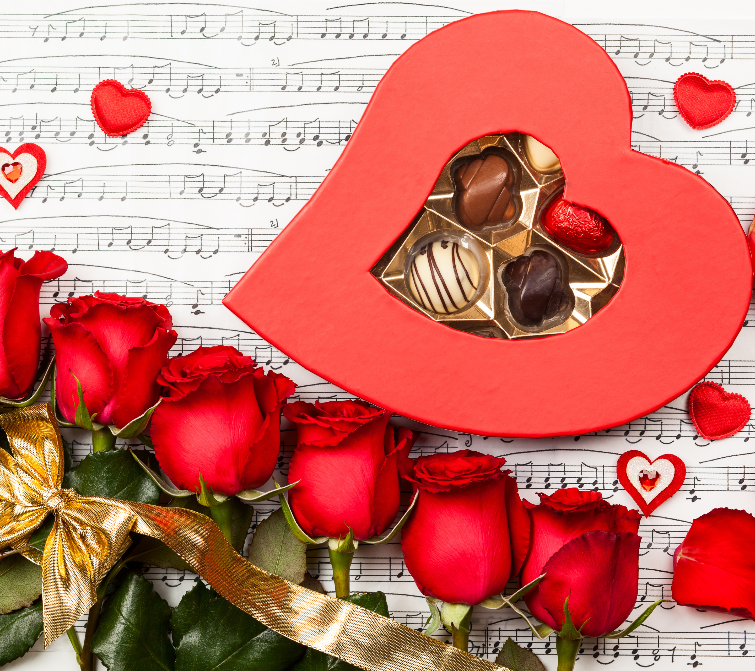 Download mobile wallpaper Valentine's Day, Chocolate, Rose, Holiday, Heart, Ribbon, Red Rose, Sheet Music for free.