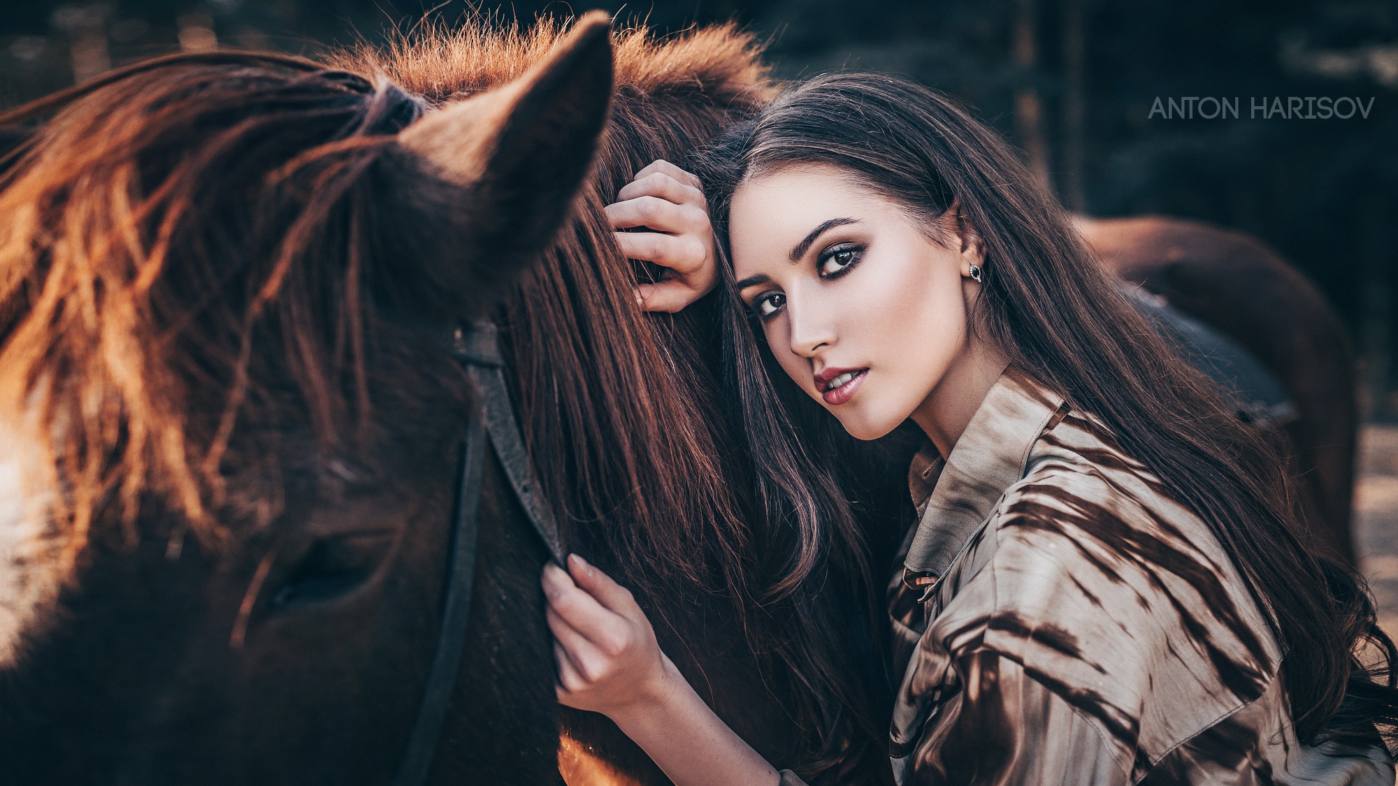 Baixar papel de parede para celular de Cavalo, Modelo, Mulheres, Olhos Castanhos, Cabelo Longo, Cabelo Castanho, Ânimo gratuito.