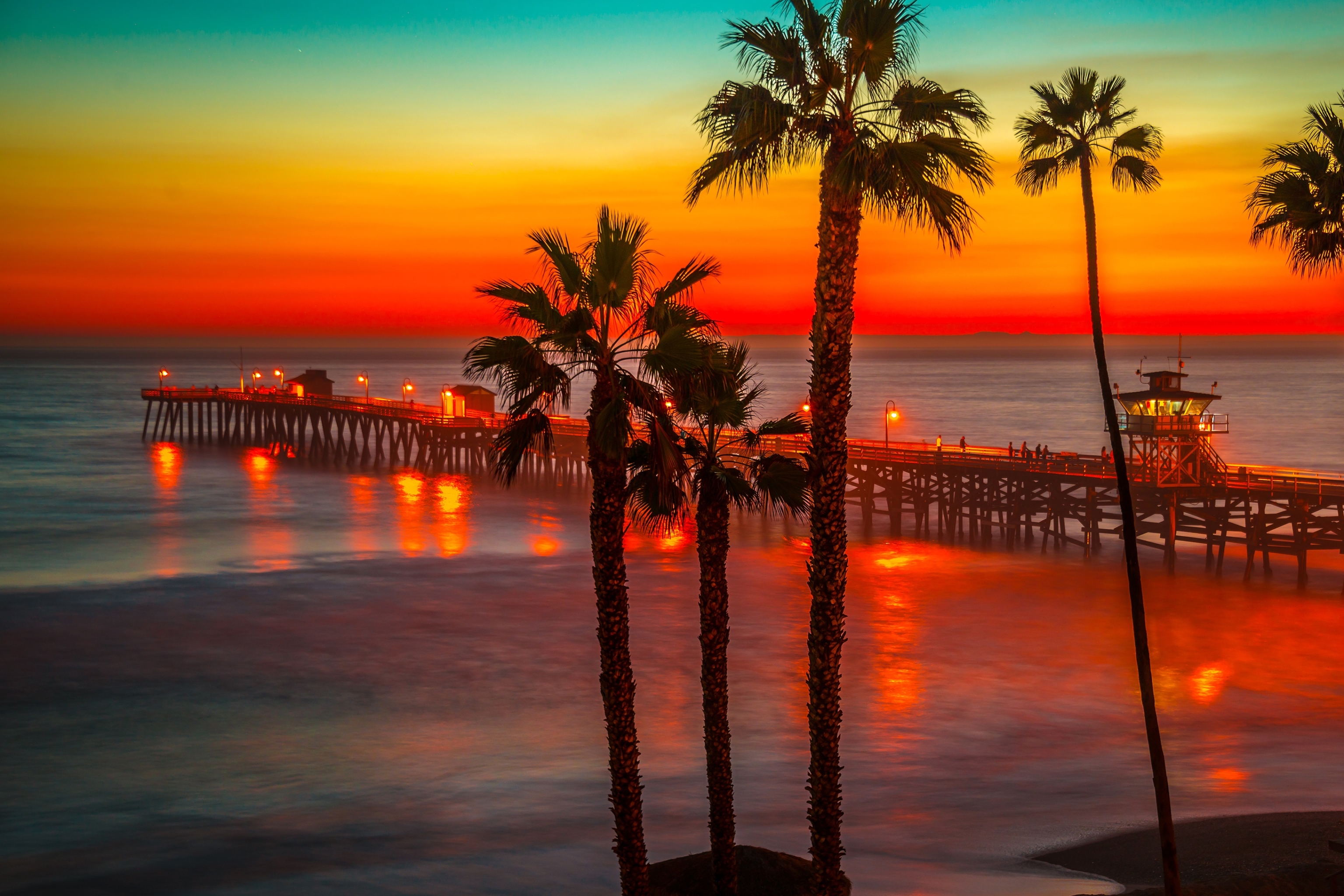 Free download wallpaper Sunset, Pier, Silhouette, Man Made, Palm Tree on your PC desktop