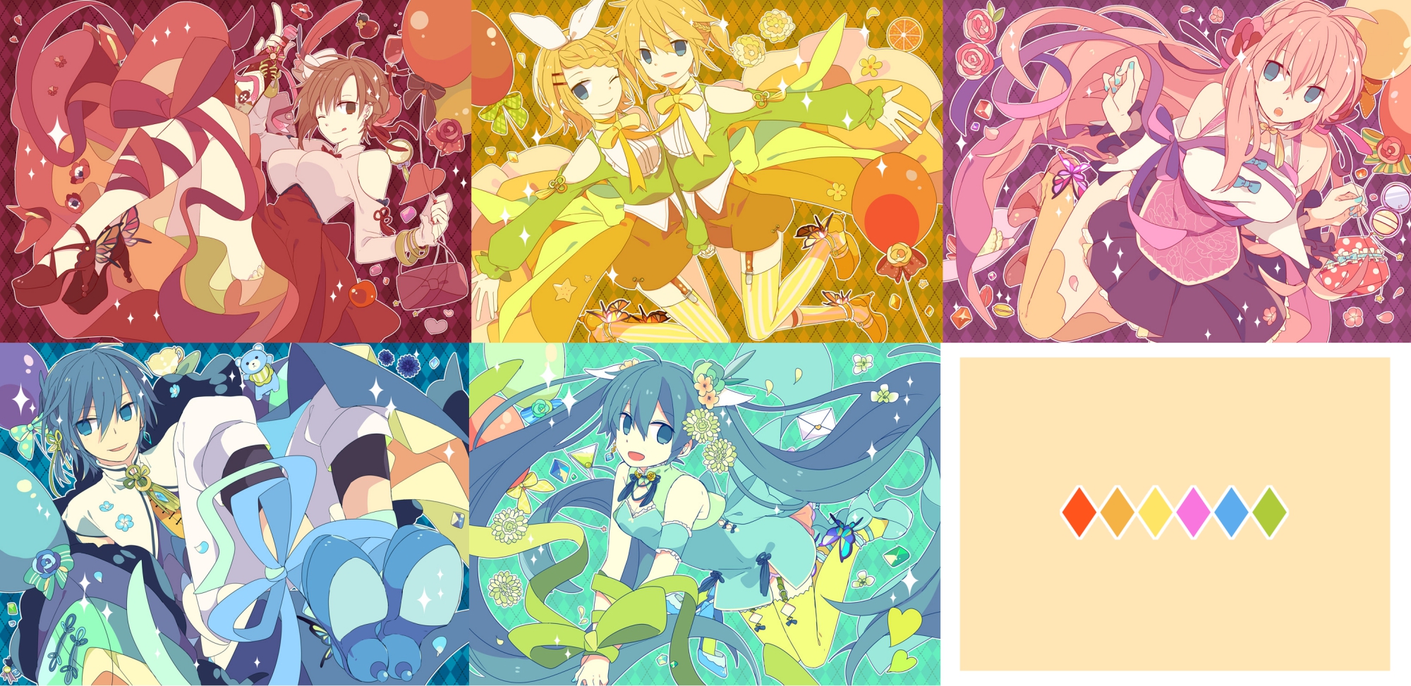 Download mobile wallpaper Anime, Colors, Vocaloid, Hatsune Miku, Luka Megurine, Rin Kagamine, Kaito (Vocaloid), Len Kagamine, Meiko (Vocaloid) for free.
