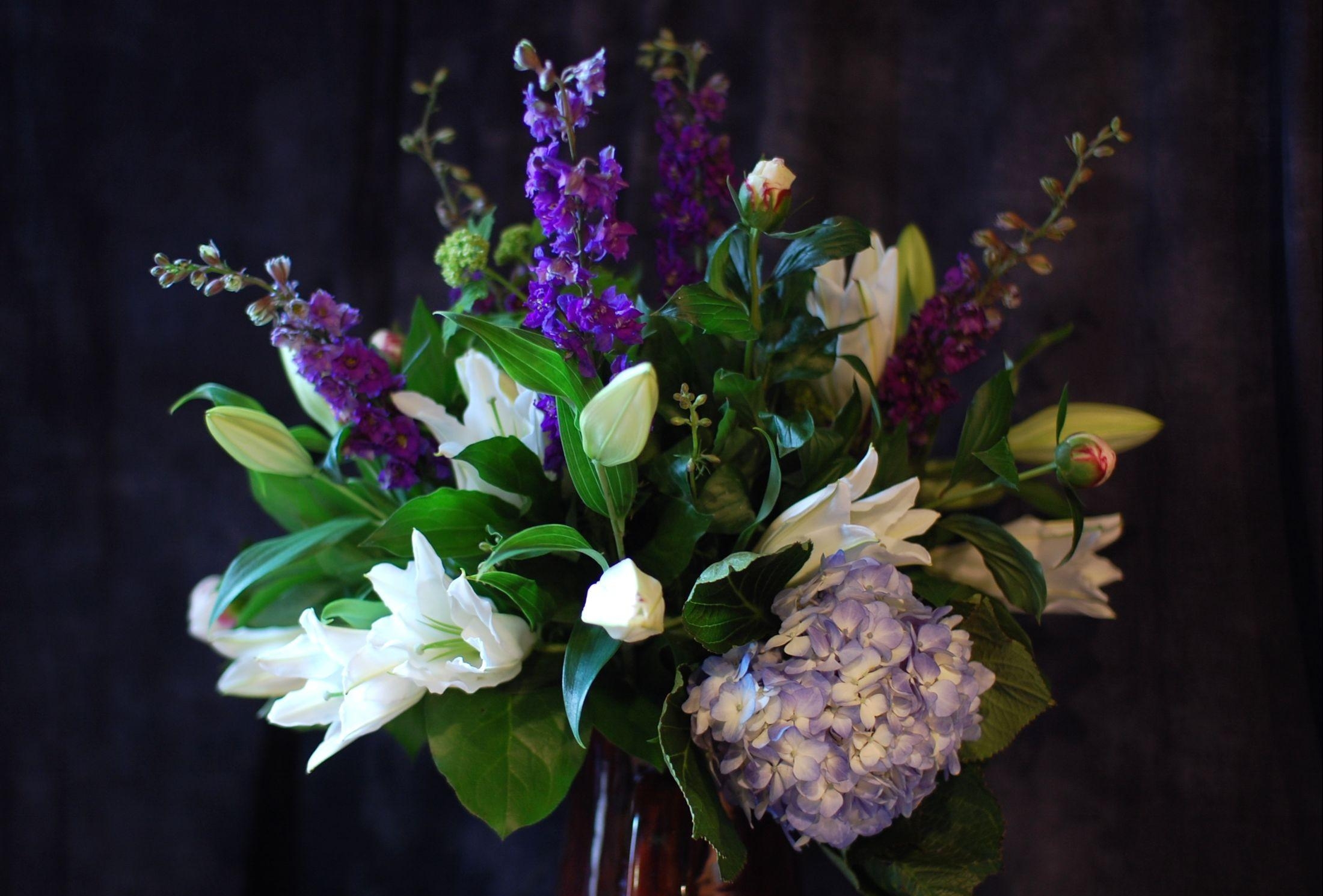 flowers, lilies, registration, typography, bouquet, composition, hydrangea, delphinium, dolphinium