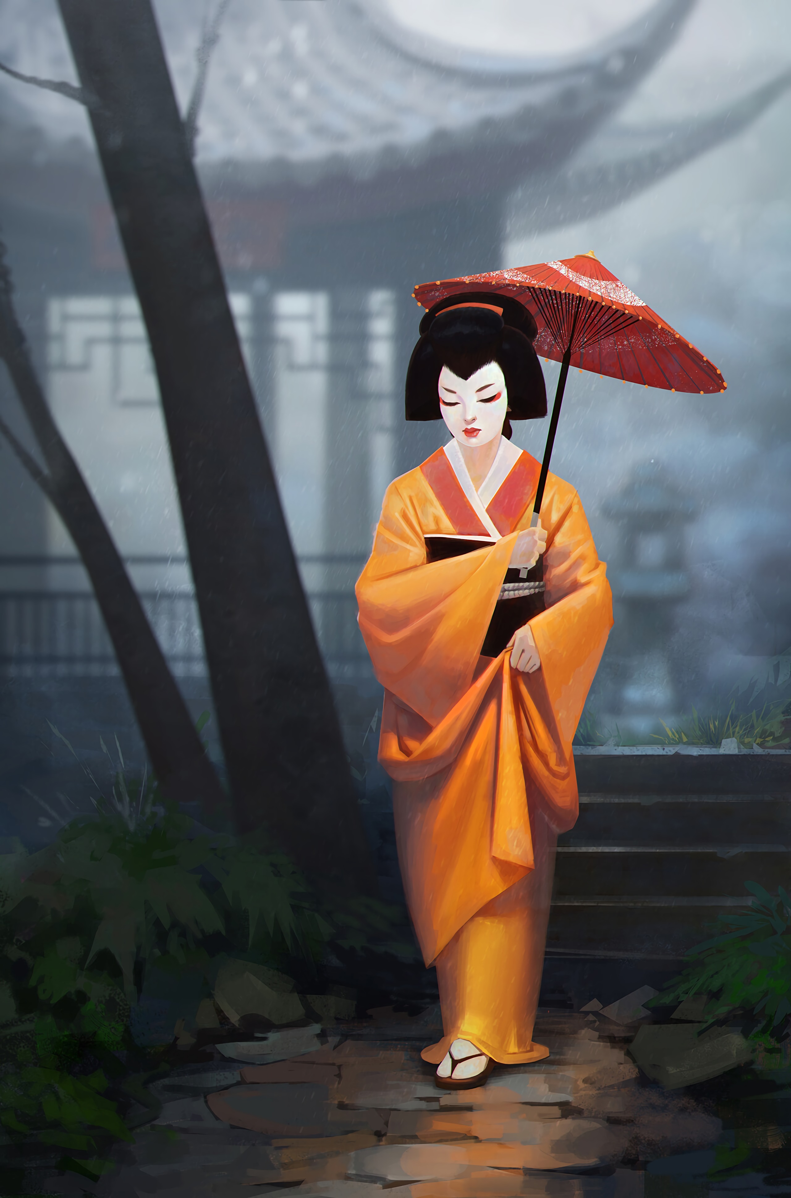 Download mobile wallpaper Geisha, Umbrella, Art, Kimono, Girl for free.