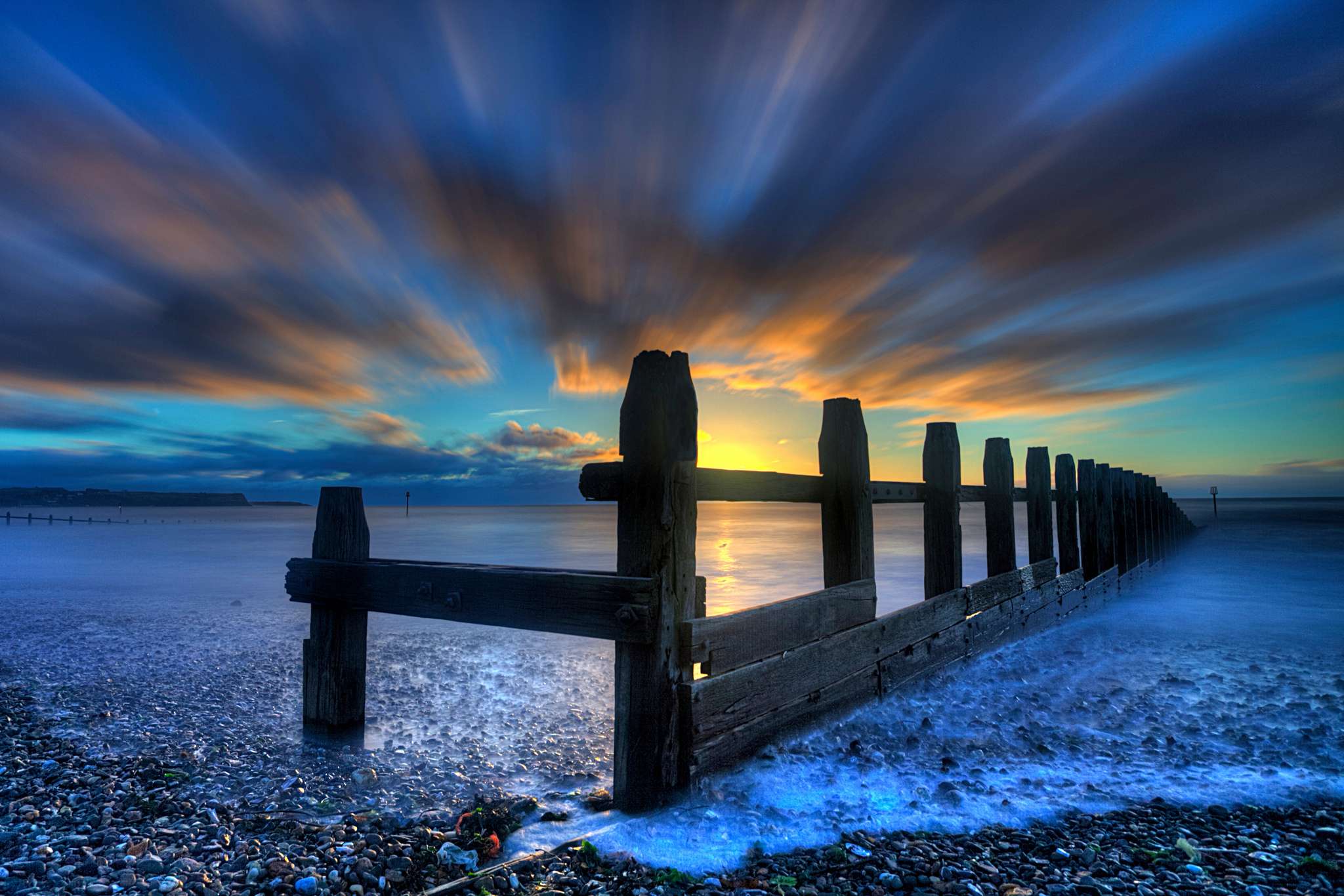 Free download wallpaper Sunset, Sky, Sea, Ocean, Fence, Man Made on your PC desktop