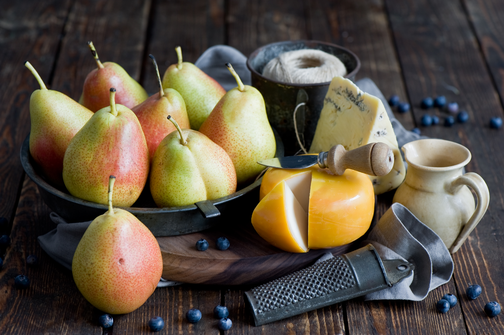 Download mobile wallpaper Food, Cheese, Blueberry, Still Life, Pear for free.