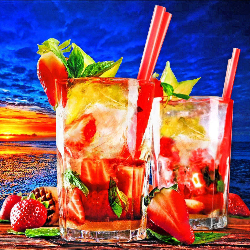 Free download wallpaper Sunset, Food, Horizon, Glass, Colorful, Tropical, Cocktail on your PC desktop