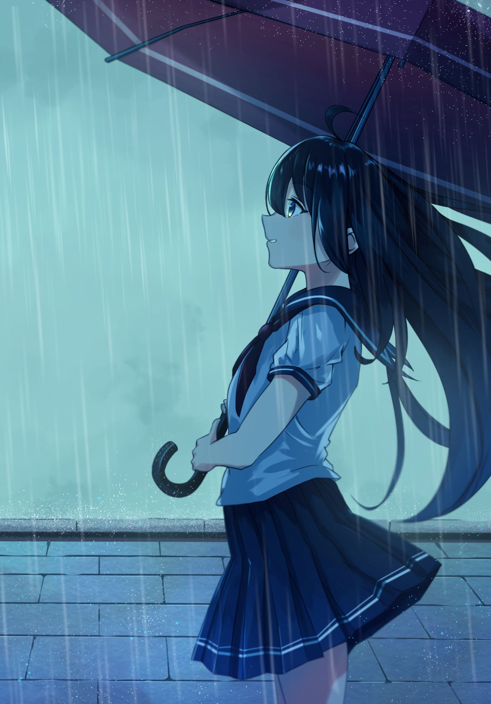 Handy-Wallpaper Regen, Regenschirm, Original, Animes, Schwarzes Haar, Lange Haare kostenlos herunterladen.