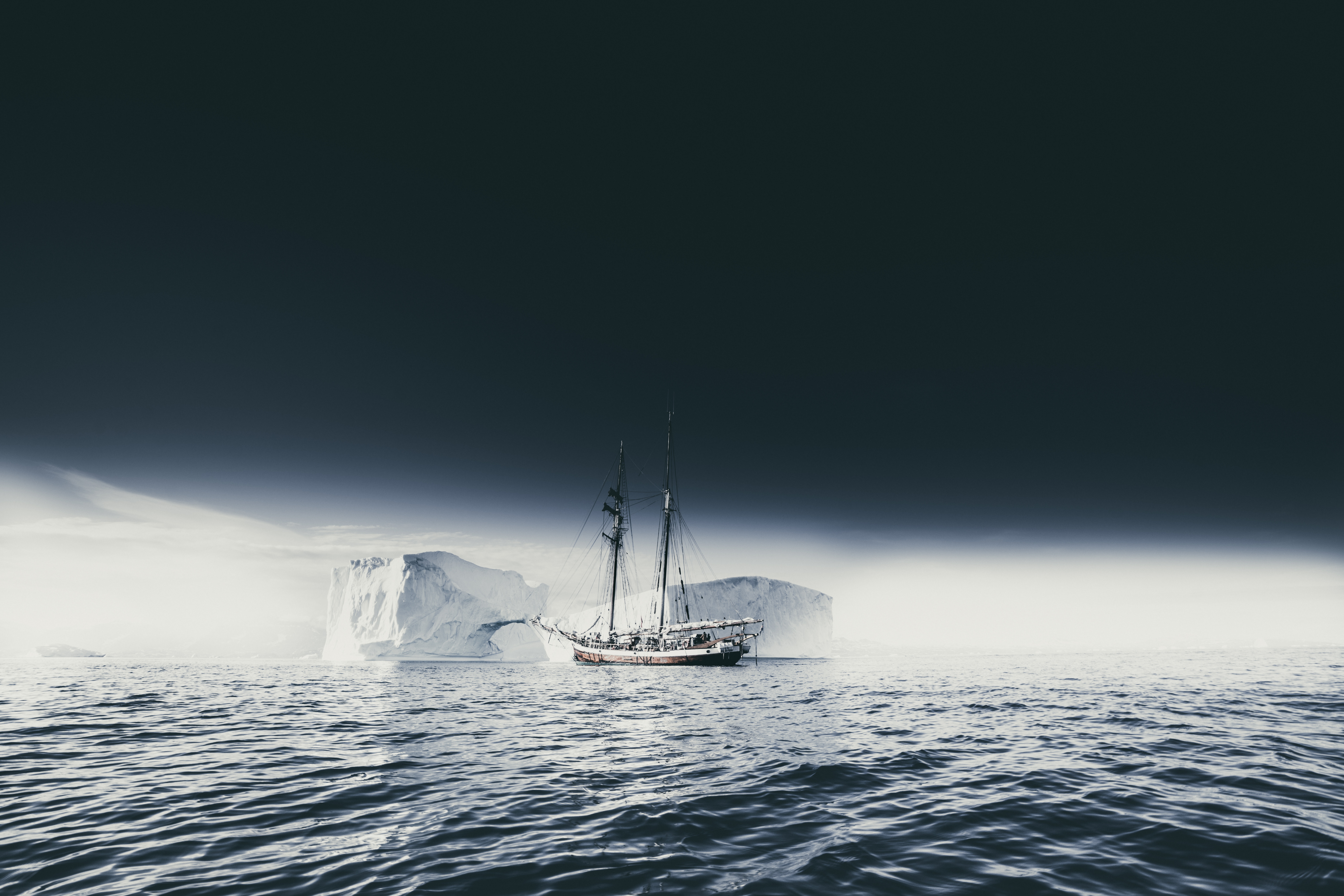 ship, fog, sea, nature, iceberg, ice, sky, ice floes