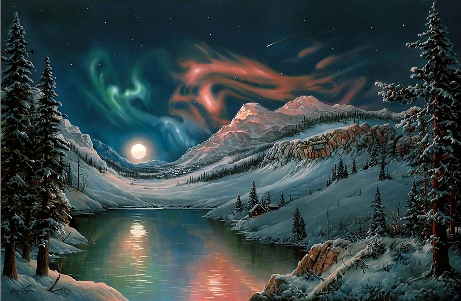 Laden Sie das Winter, Mond, See, Baum, Gebirge, Nacht, Himmel, Künstlerisch-Bild kostenlos auf Ihren PC-Desktop herunter