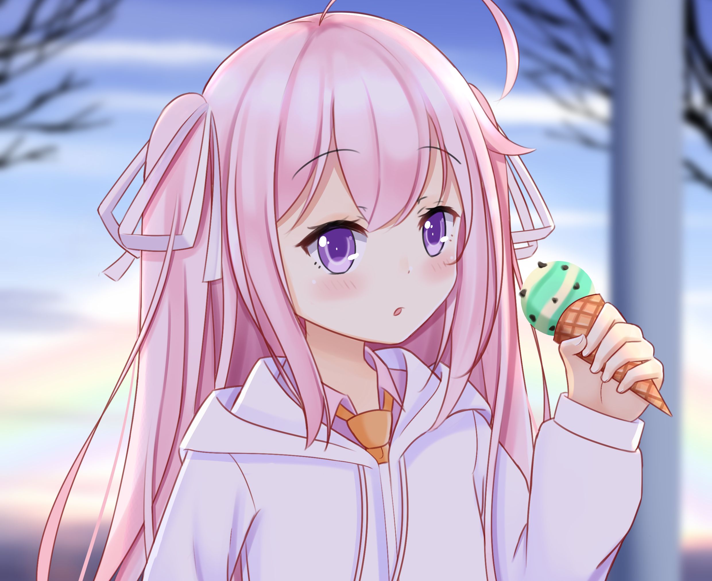 Download mobile wallpaper Anime, Ice Cream, Original, Pink Hair, Long Hair, Purple Eyes, Eating, Twintails for free.