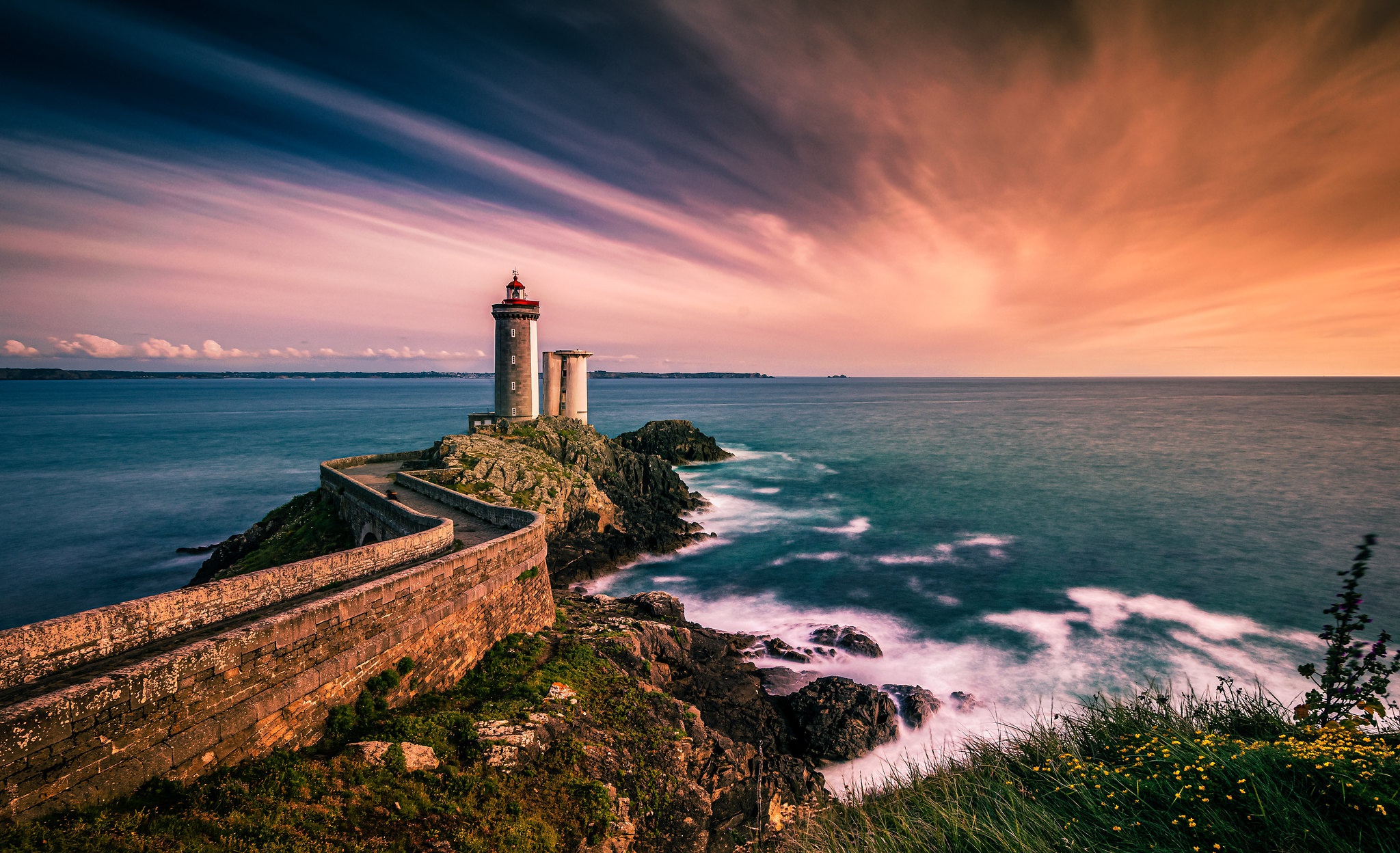 Download mobile wallpaper Sunset, Horizon, Coast, Ocean, Path, France, Lighthouse, Man Made for free.