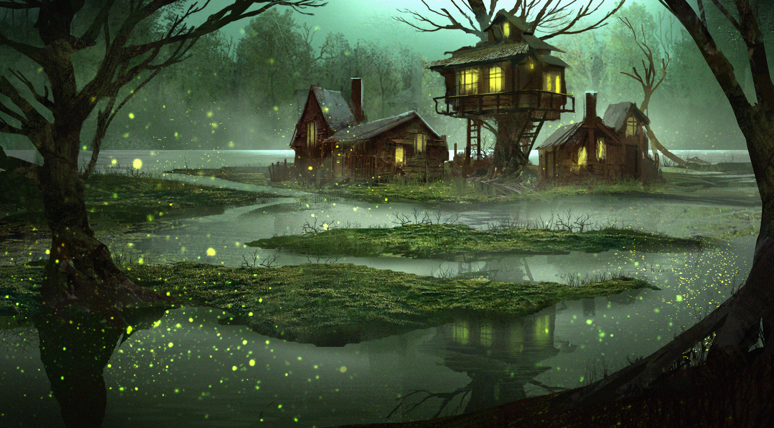 Download mobile wallpaper Fantasy, Night, Swamp, Reflection, House for free.