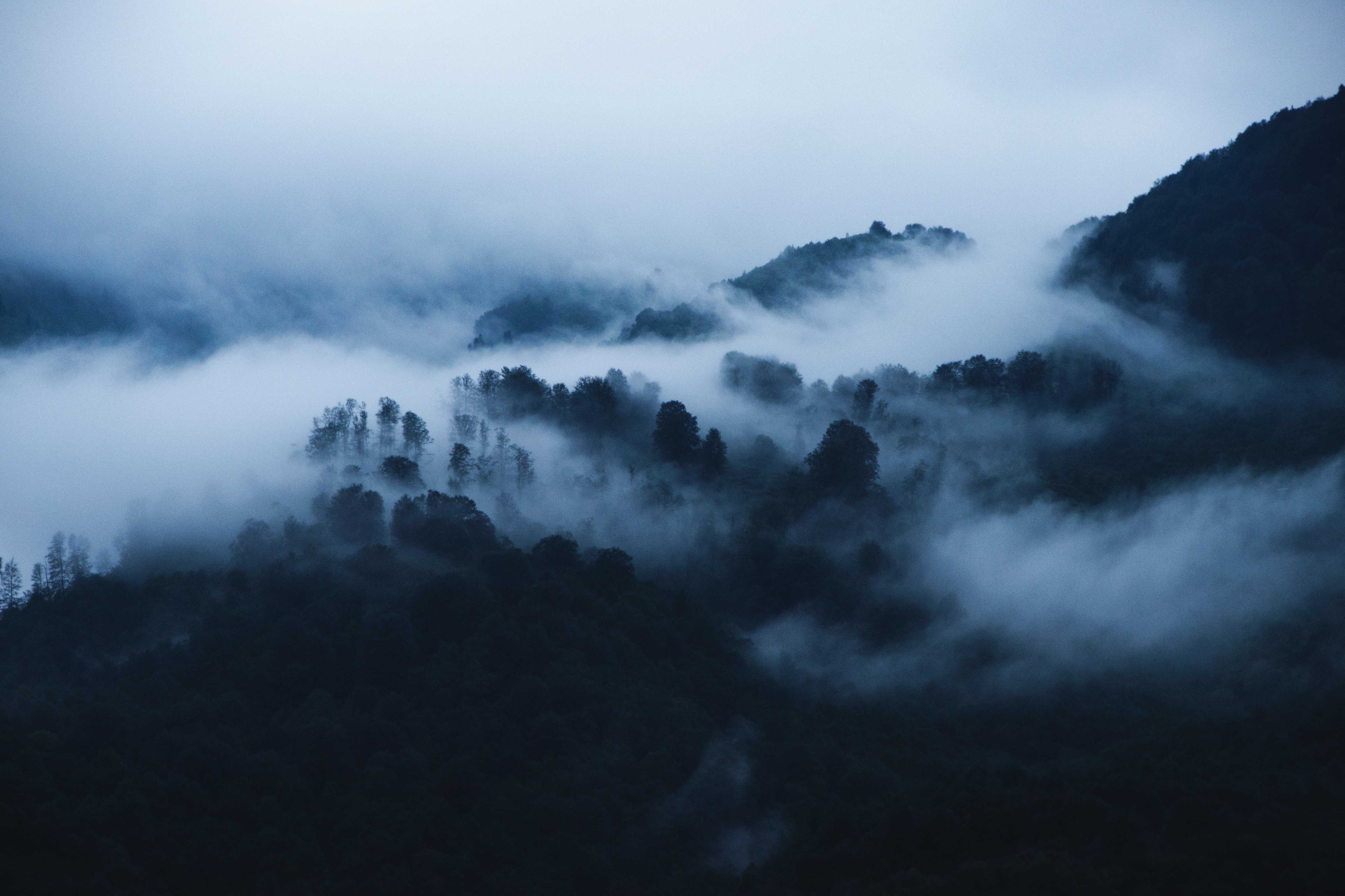 Download mobile wallpaper Fog, Trees, Clouds, Mountains, Nature, Landscape for free.