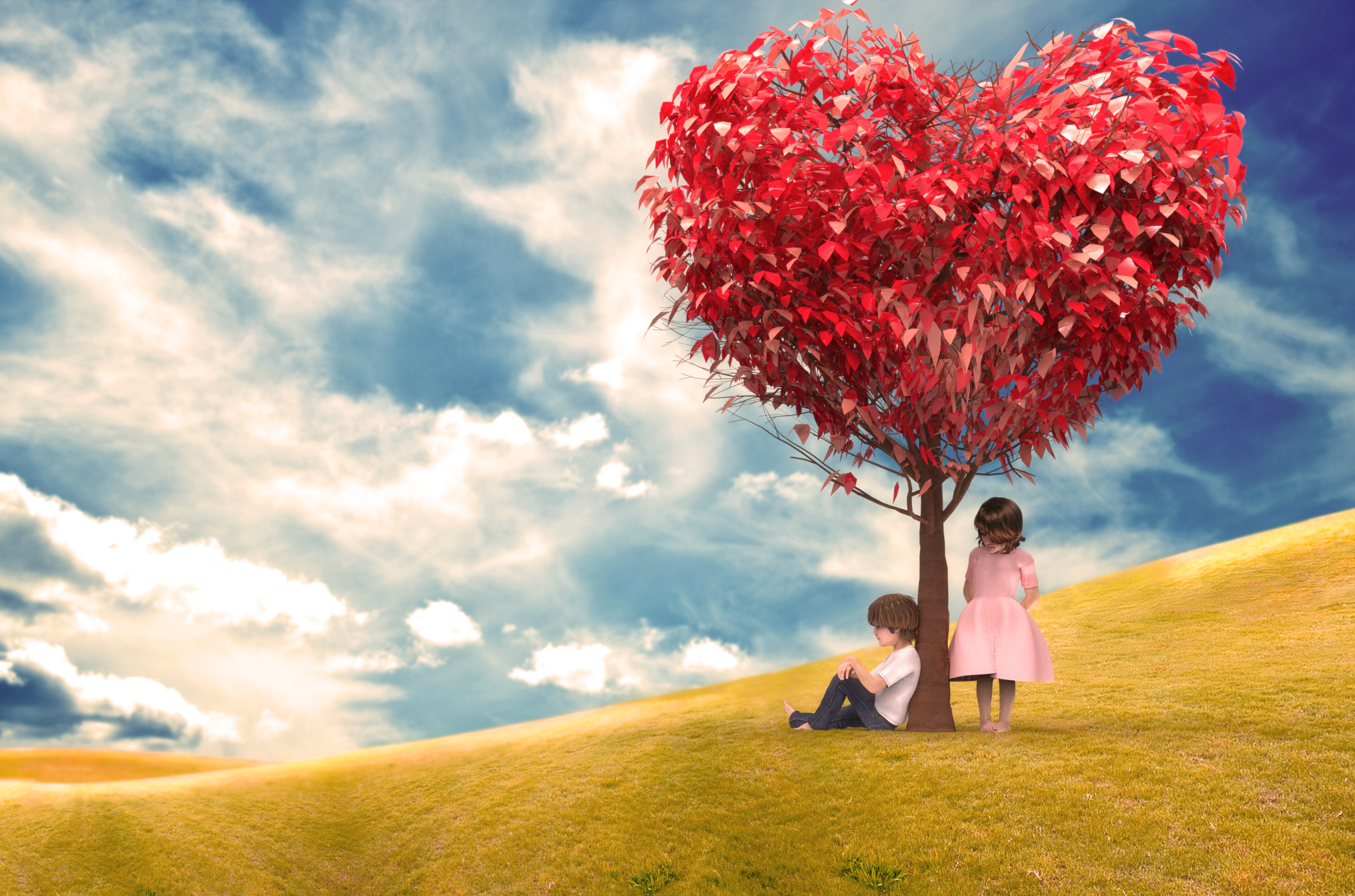 Free download wallpaper Tree, Artistic, Cloud, Child, Heart Shaped on your PC desktop