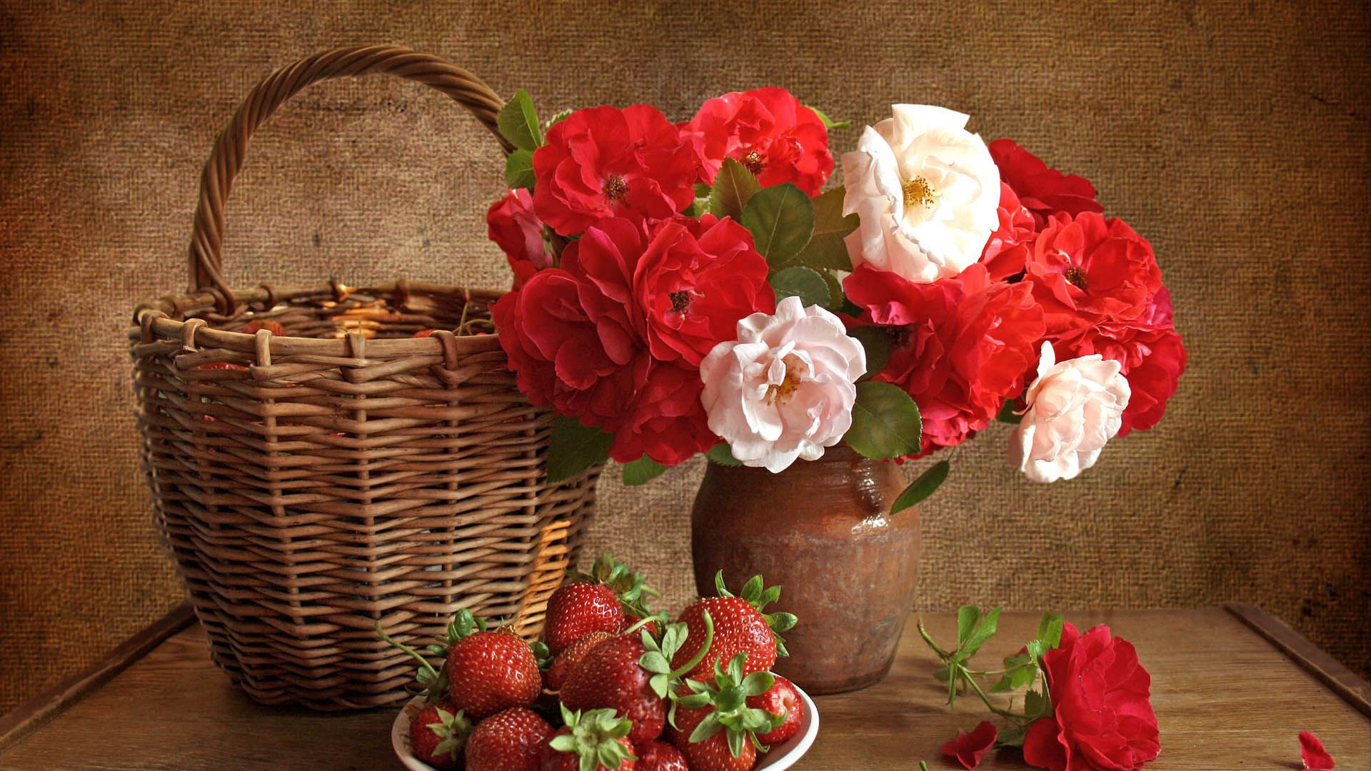 Download mobile wallpaper Bouquet, Still Life, Strawberry, Food, Flowers for free.
