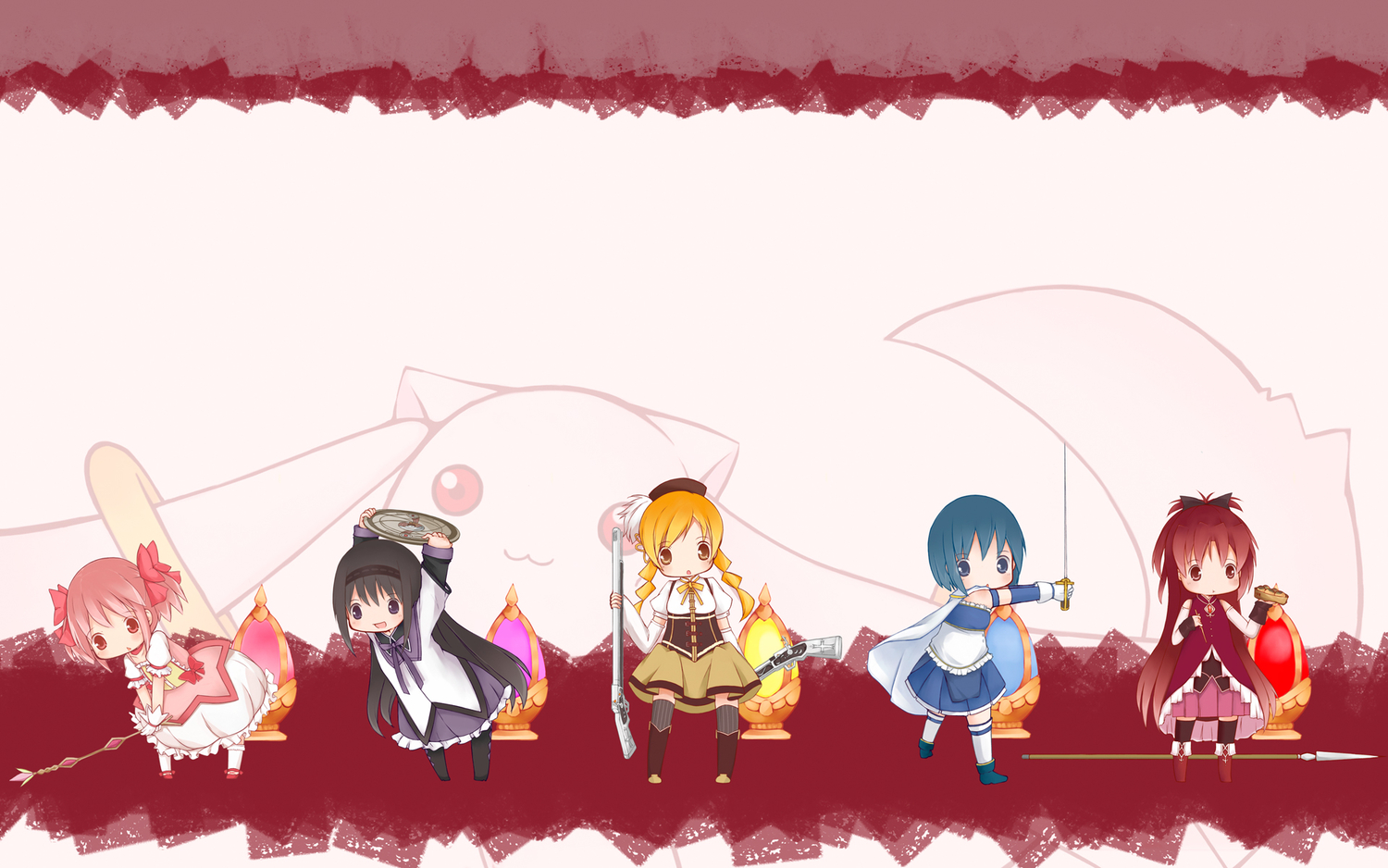 Download mobile wallpaper Kyuubey (Puella Magi Madoka Magica), Kyōko Sakura, Madoka Kaname, Mami Tomoe, Sayaka Miki, Puella Magi Madoka Magica, Homura Akemi, Anime for free.