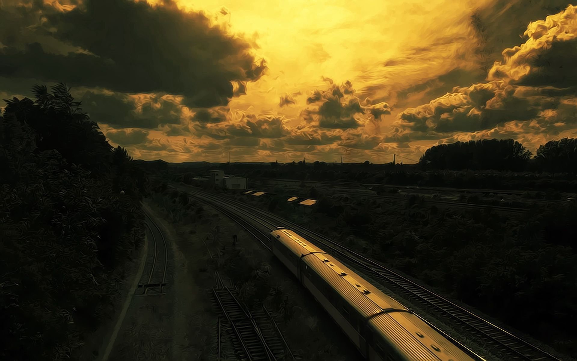 112301 descargar fondo de pantalla puesta del sol, cielo, oscuro, imagen, dibujo, ferrocarril, un tren, tren, petróleo, aceitoso: protectores de pantalla e imágenes gratis