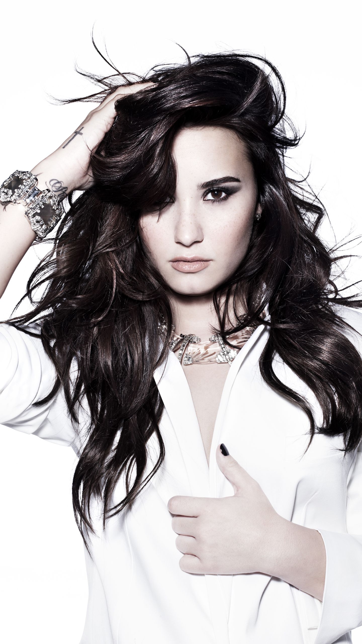Download mobile wallpaper Music, Singer, Brunette, White Dress, Demi Lovato for free.