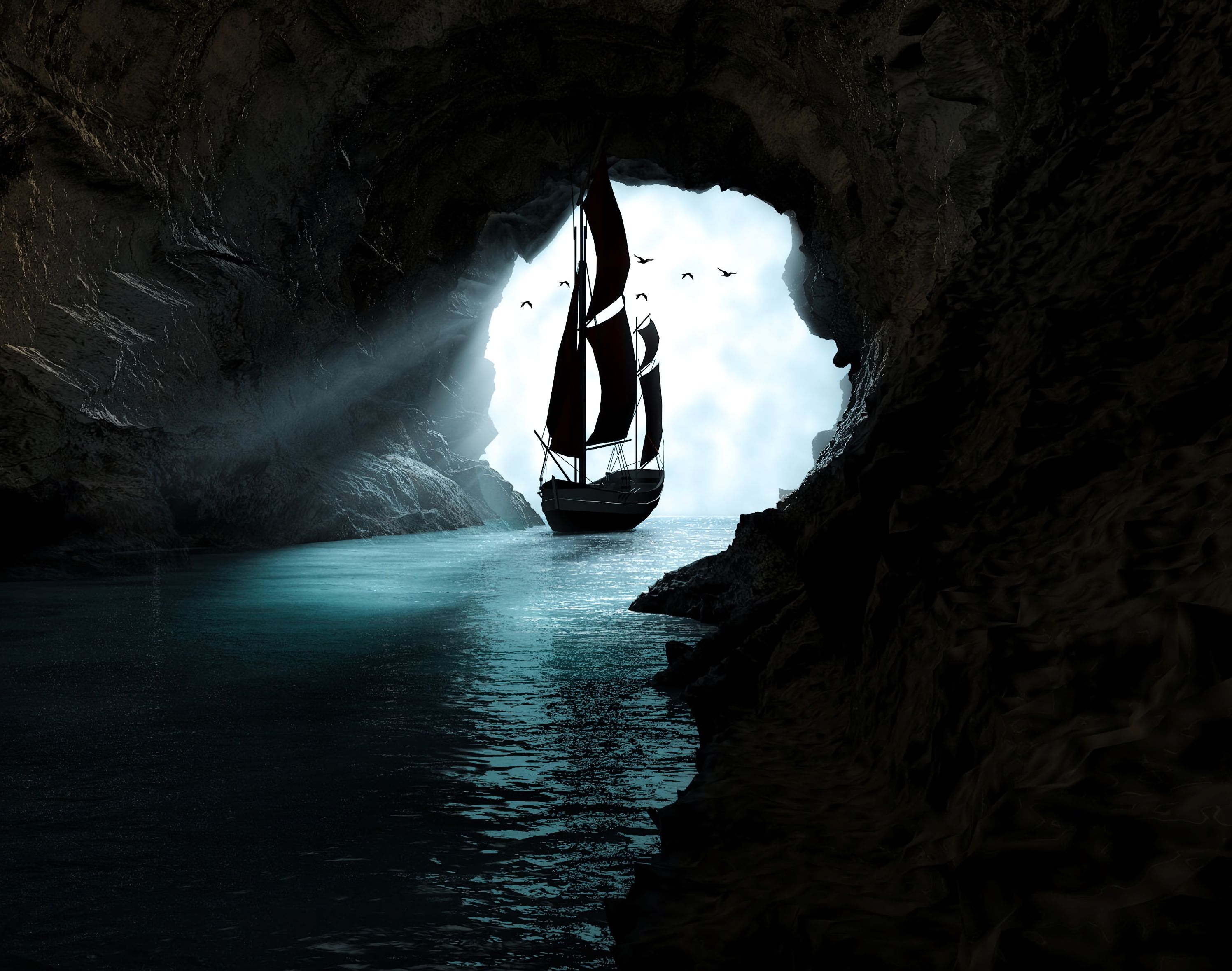 boat, dark, water, art, cave