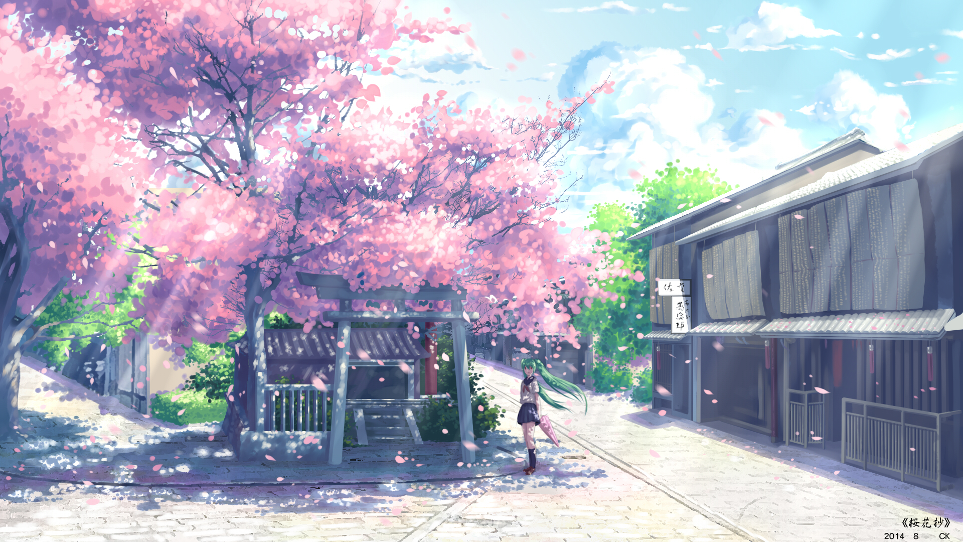 735055 descargar fondo de pantalla flor de sakura, animado, vocaloid, pelo verde, hatsune miku, pelo largo, uniforme escolar: protectores de pantalla e imágenes gratis