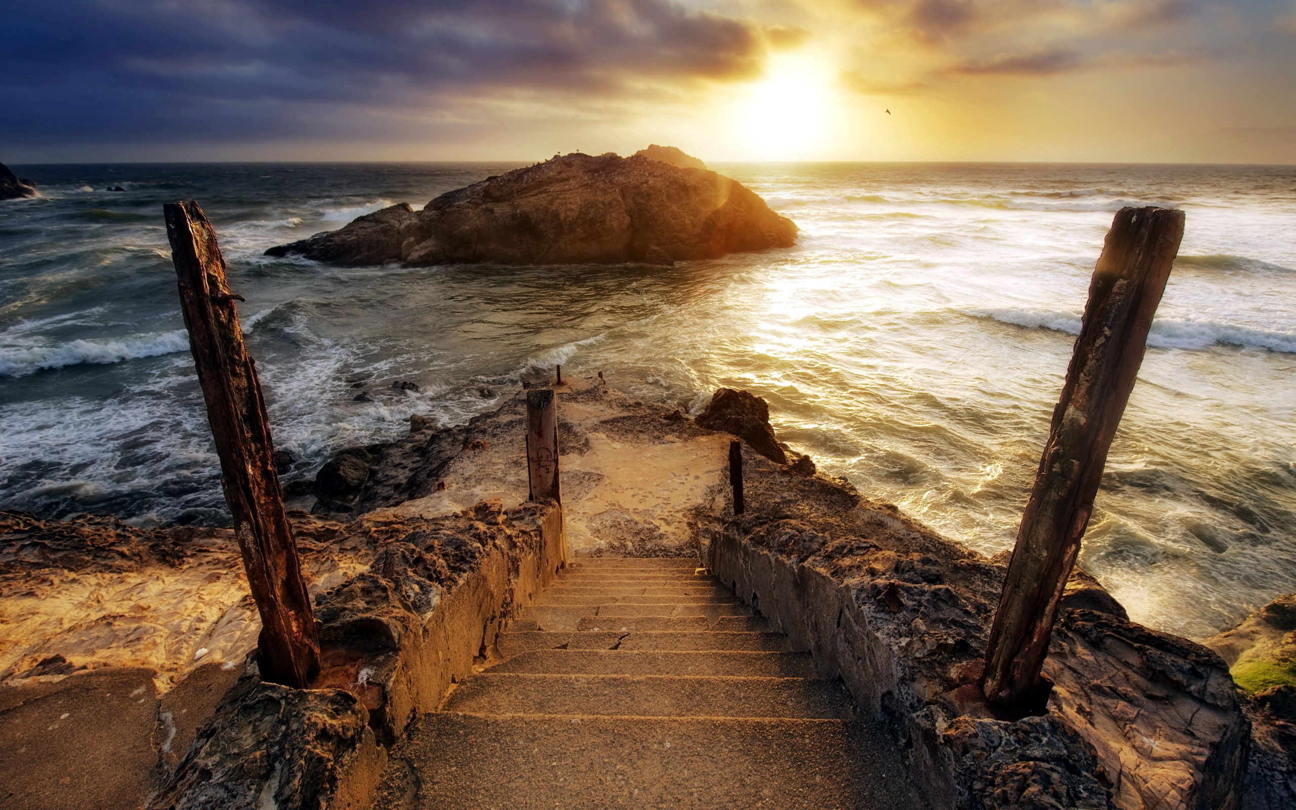 steps, light, nature, sea, sun, waves, rock, horizon, shine, stairs, ladder, foam, mainly cloudy, overcast, descent, stakes, pegging