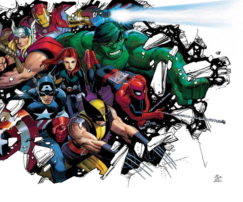 Скачать картинку Росомаха, Комиксы, Железный Человек, Капитан Америка, Мстители, Халк, Человек Паук, Тор, Чёрная Вдова, Черная Вдова в телефон бесплатно.